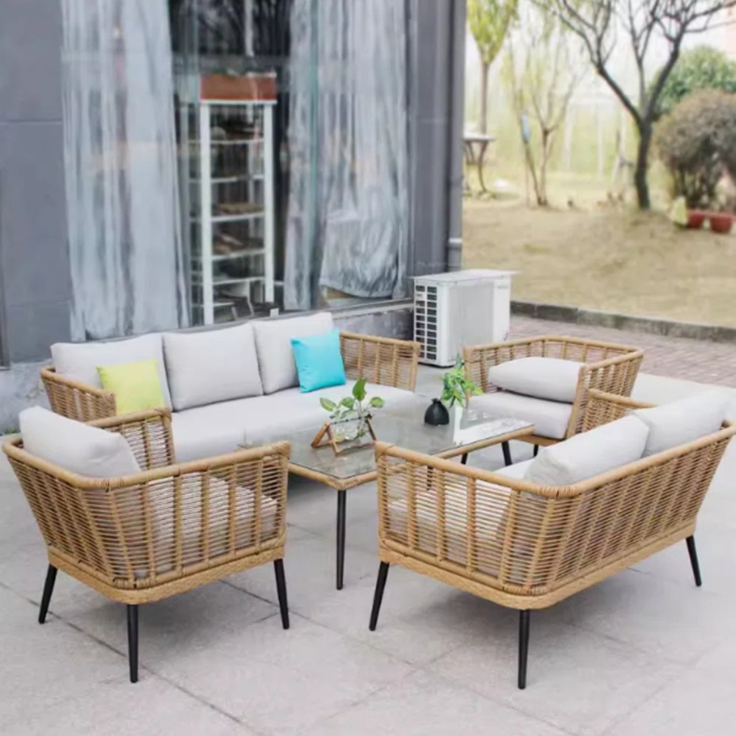 Outdoor Beige Rope 7-Seater Sofa Set With Glass Top Table