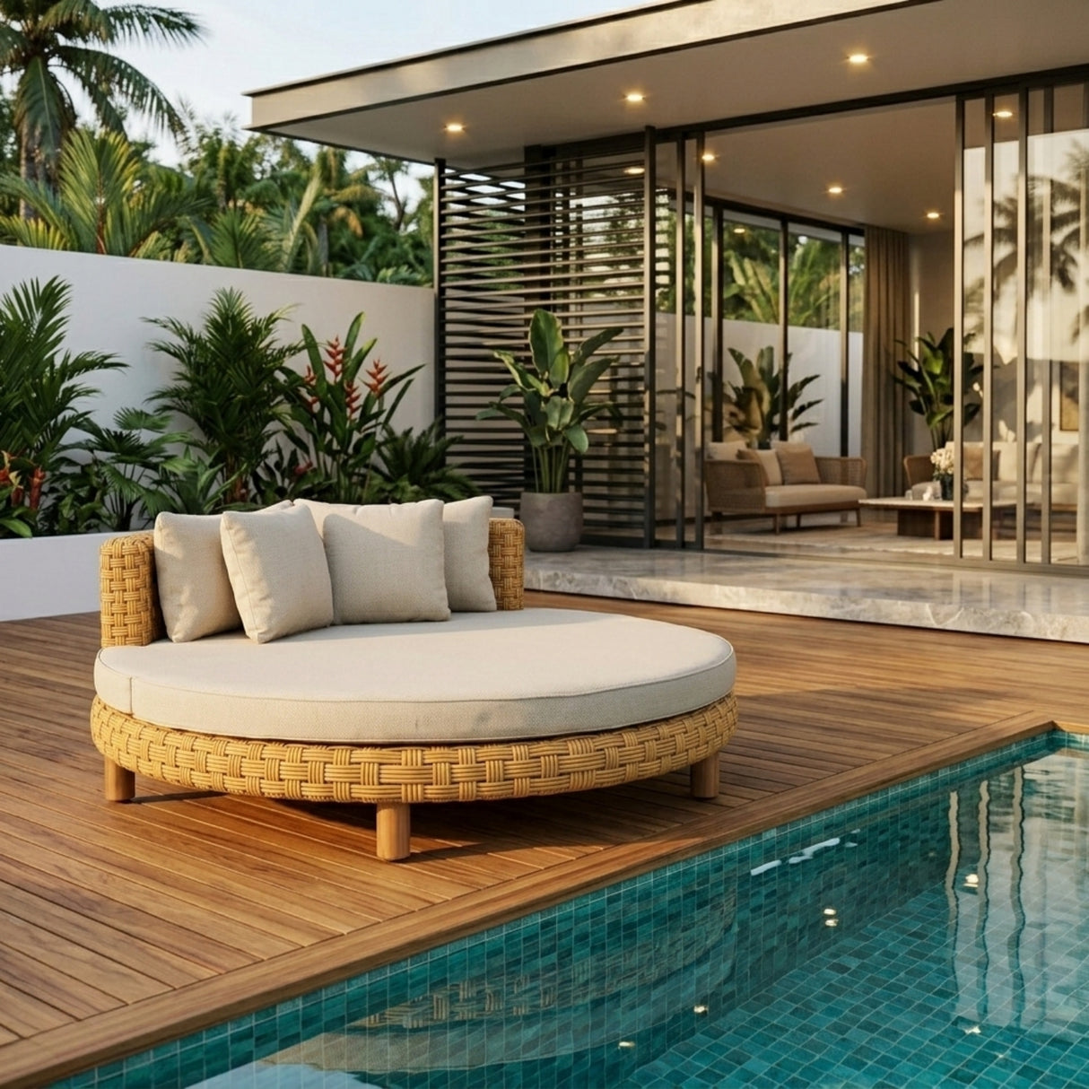 Outdoor All-Weather Rattan Wicker Round Daybed (Beige & Off-White)