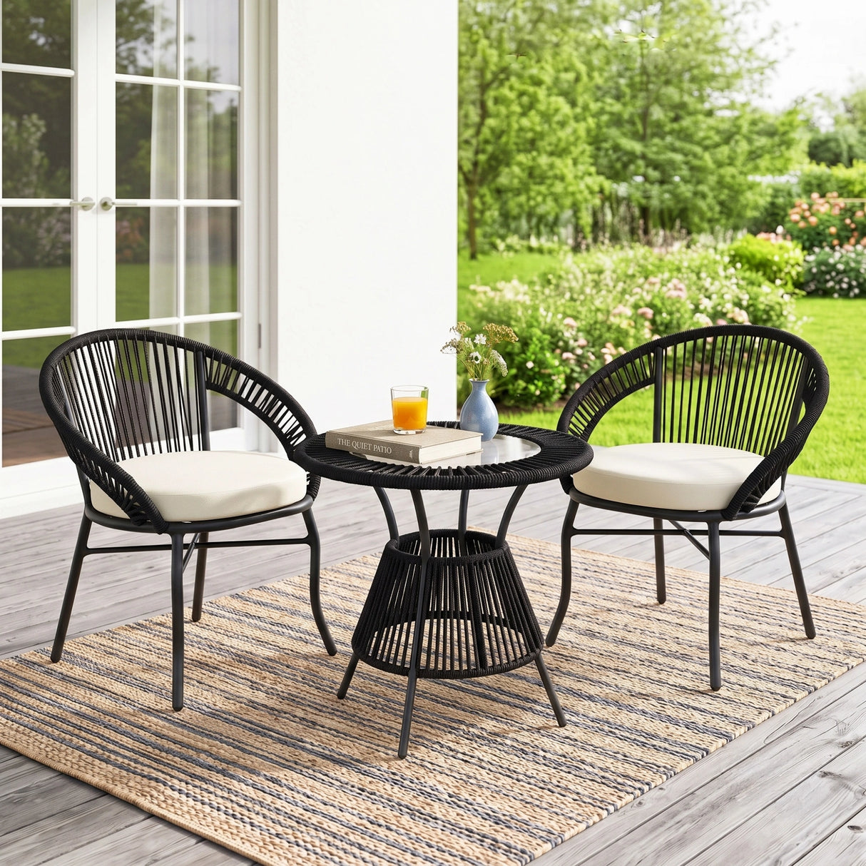 Outdoor Rope 3 Piece Patio Bistro Set (Black & Off-White)