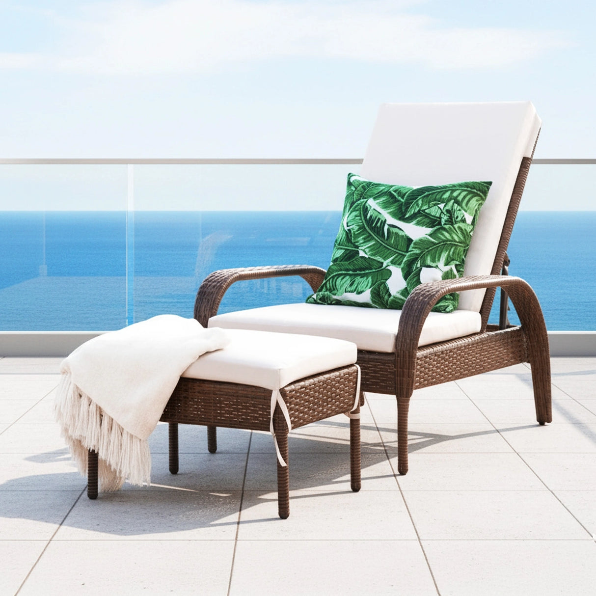 Outdoor Wicker 2 Piece Patio Armchair Recliner with Ottoman