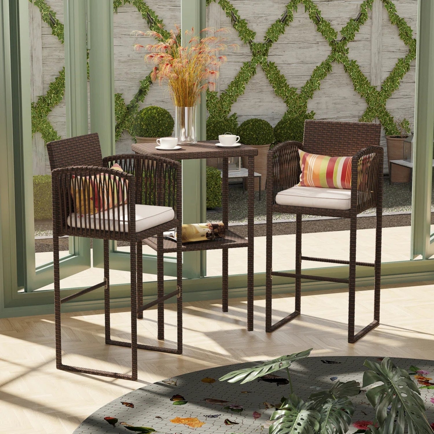 Outdoor Rattan Wicker Bar Set With 2-Tier Table