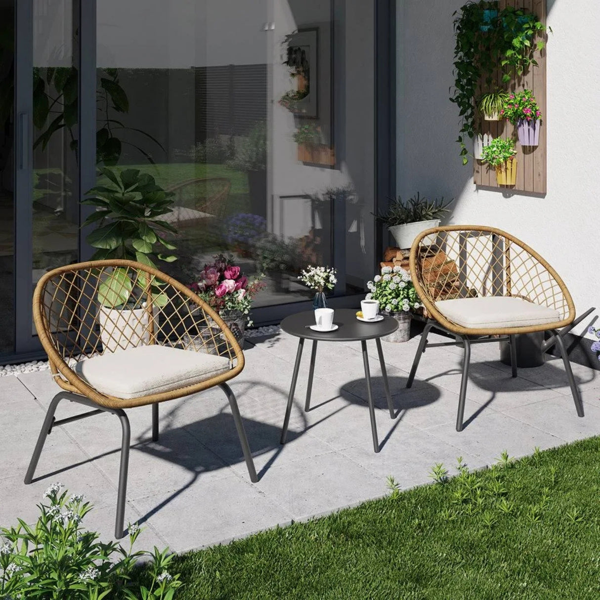 Outdoor Wicker 3-Piece Patio Set (Beige & White)