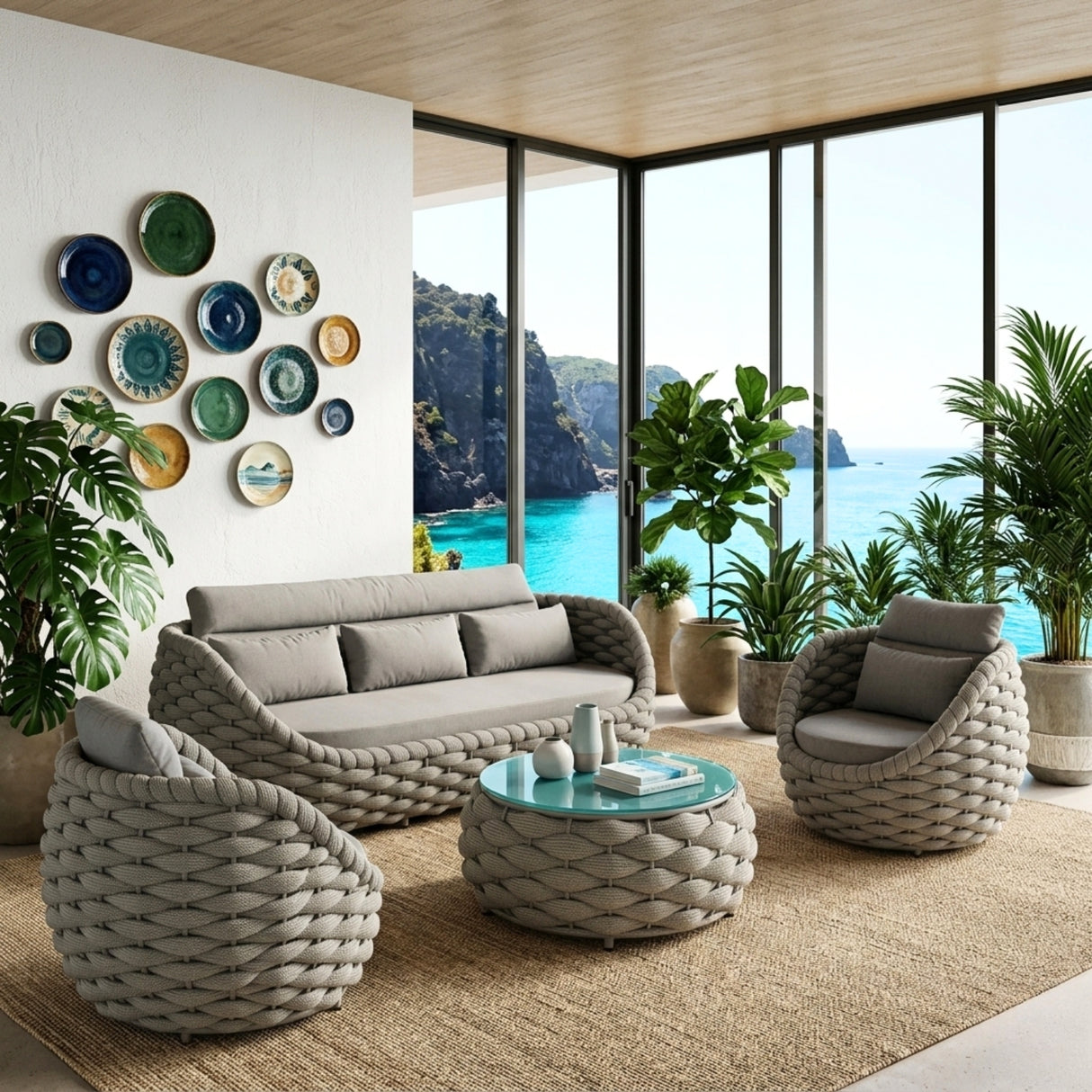 Outdoor Rope 5-Seater Sofa Set with Glass Top Center Table (Grey)