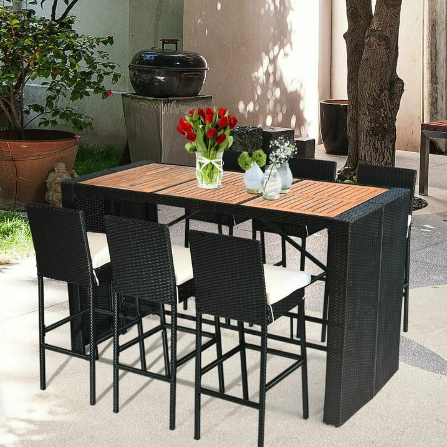 7-Piece Outdoor Rattan Wicker Bar Set with Wooden Top Table