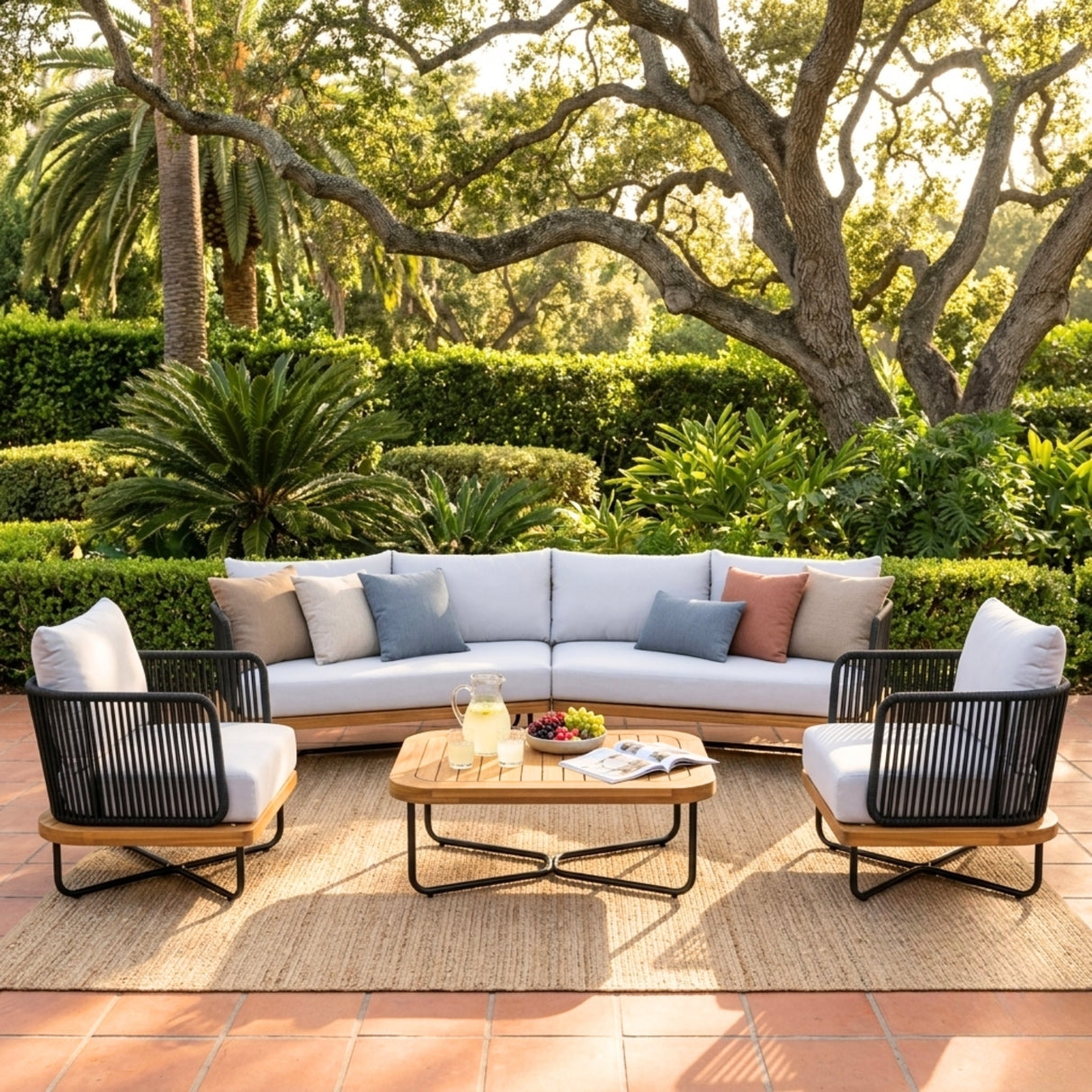 Outdoor Rope Sofa Set with Wooden Base & Teak Finish Coffee Table (Black & Off-White)