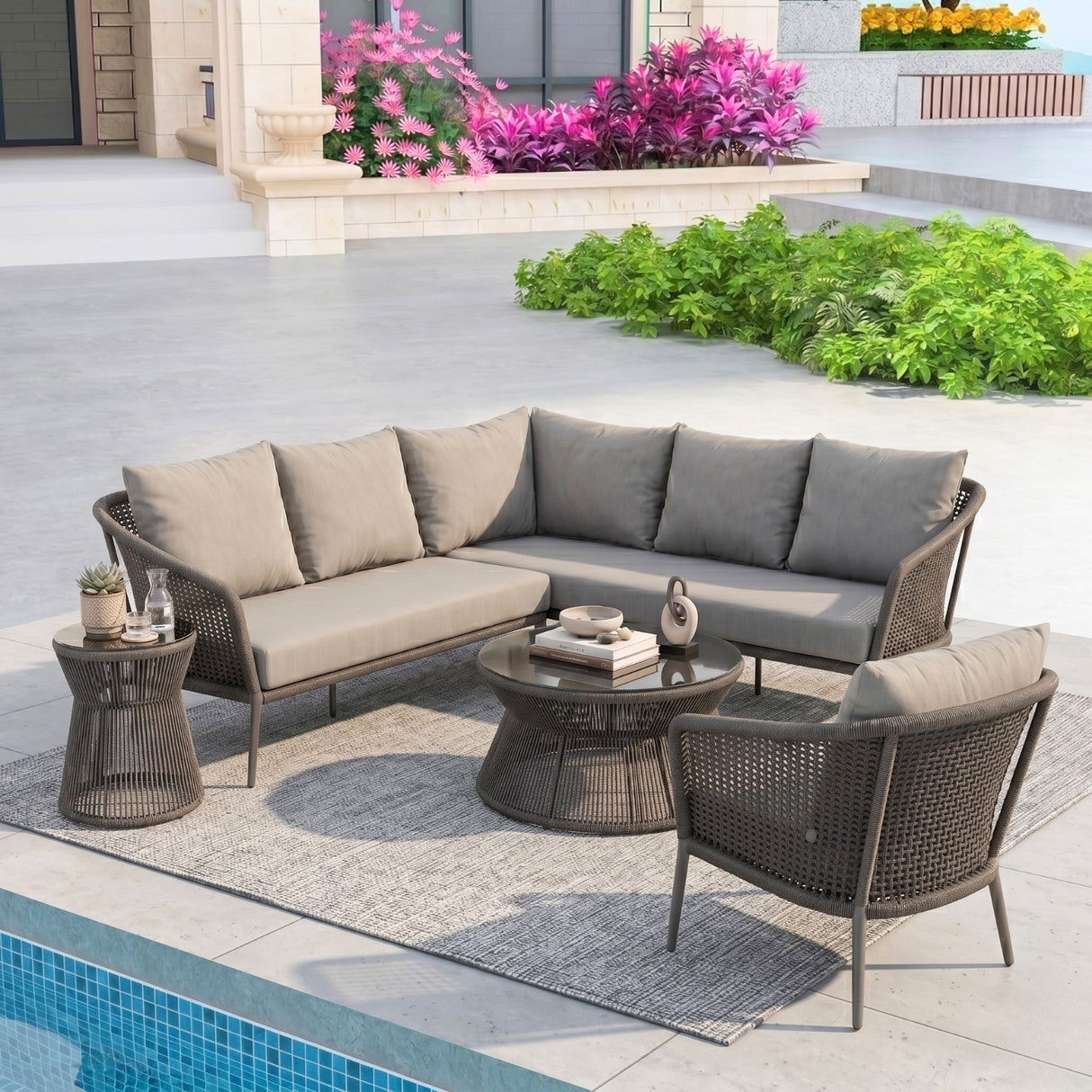 Outdoor Rope L-Shape Sofa Set with Center & Side Table (Grey)
