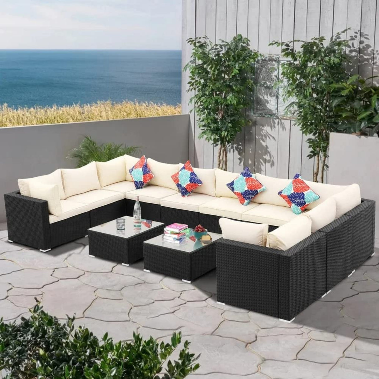 6-Piece Outdoor Wicker Sofa Set (Black/Cream)