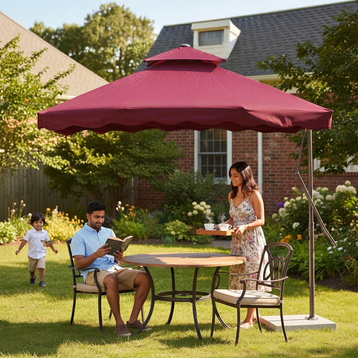 10ft Side Pole Square Shape Outdoor Umbrella With Granite Base (Maroon)