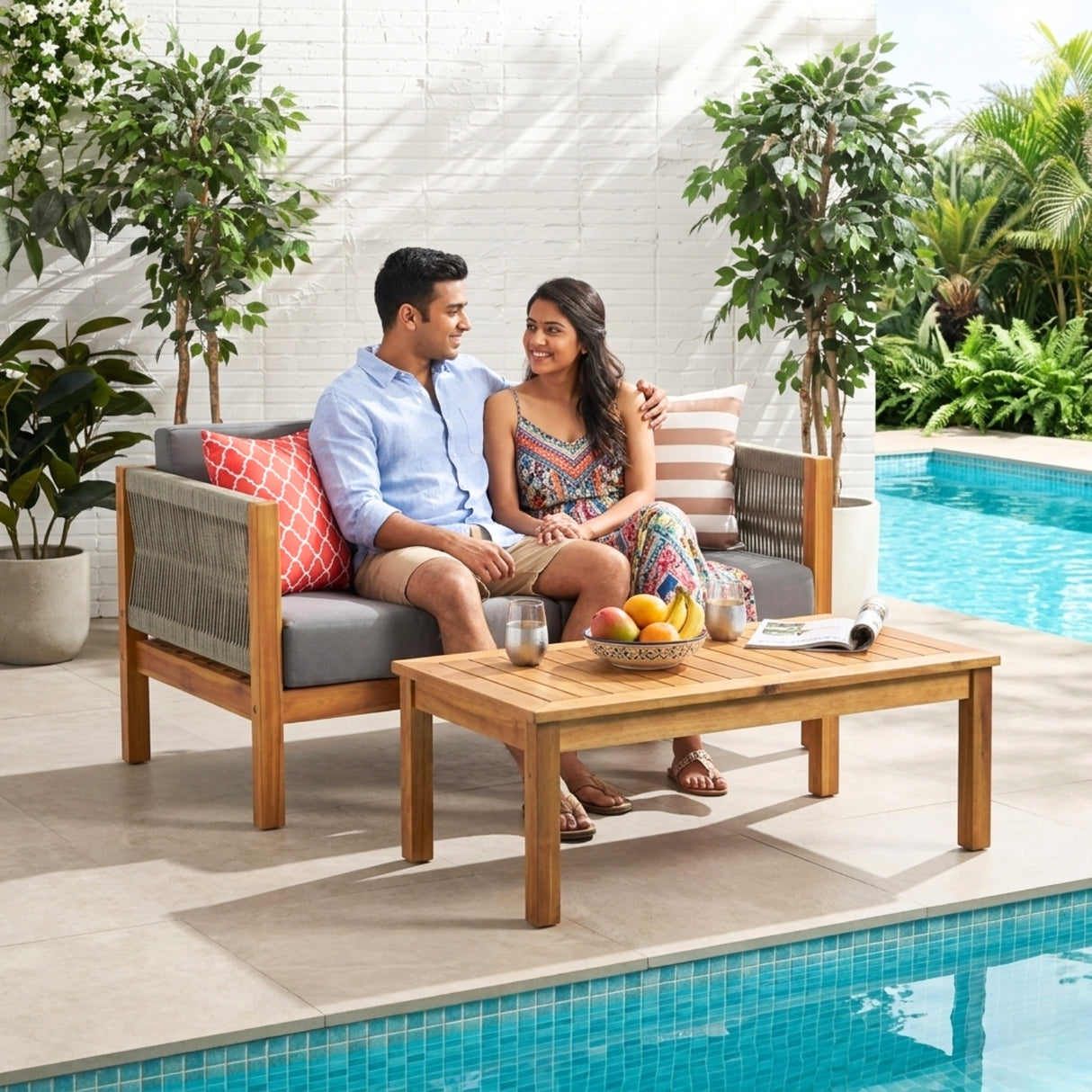 Outdoor Rope 2 Seater Sofa Set with Wooden Center Table