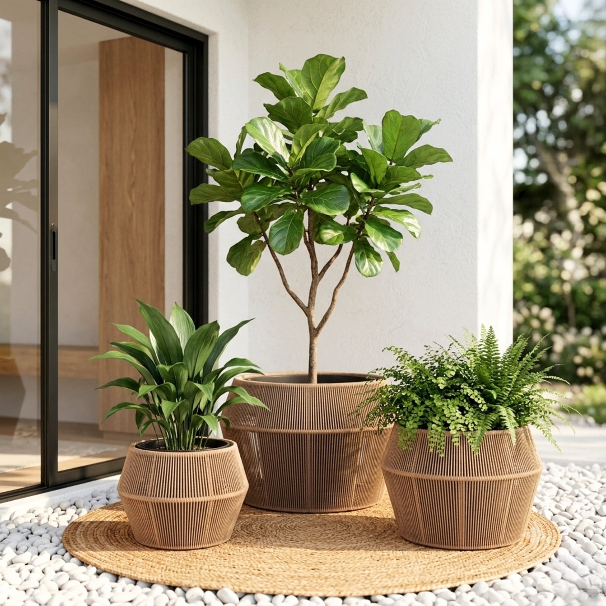 Outdoor 3-Piece Round Rope Planters (Beige)