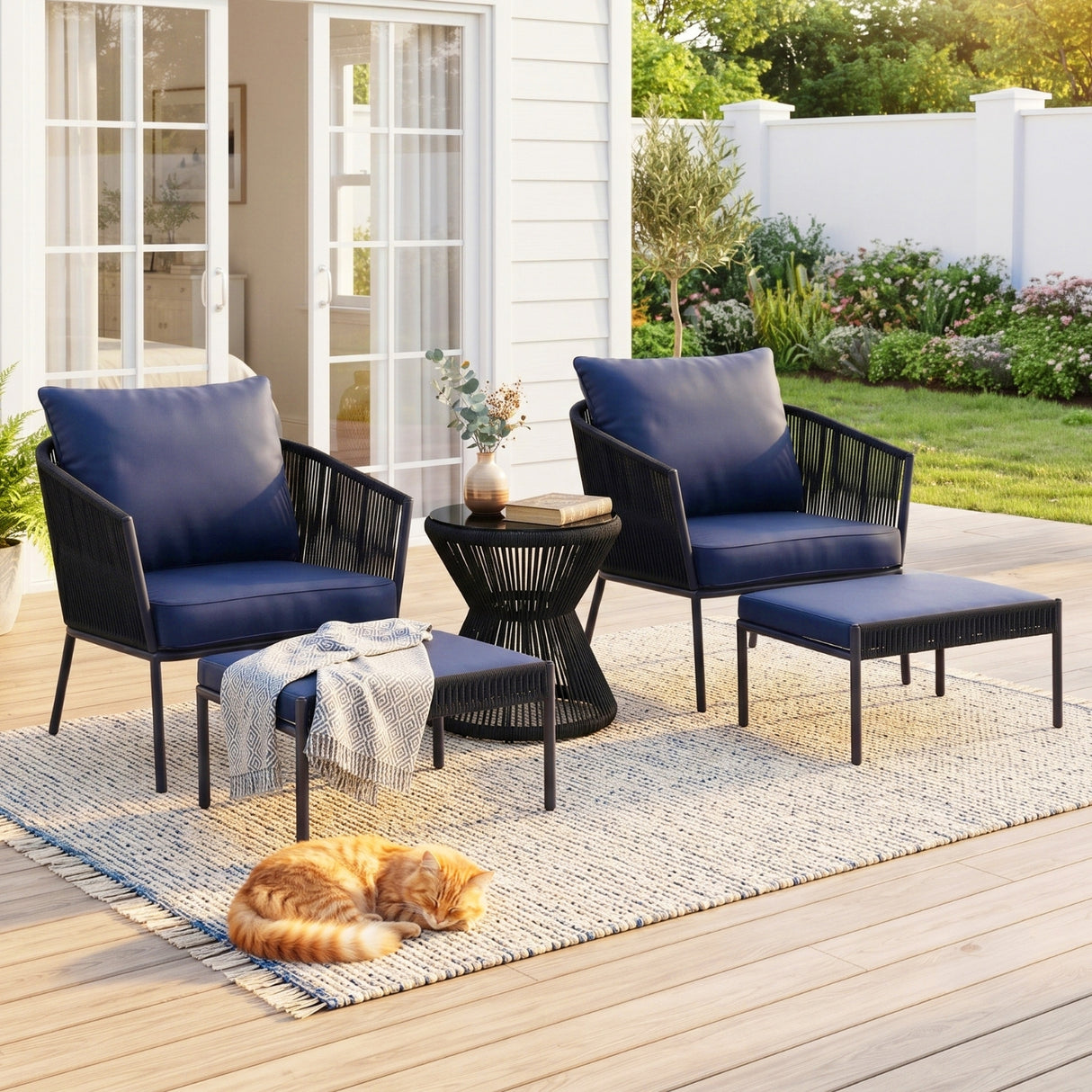 Outdoor 5 Piece Rope Patio Sofa Set (Black & Navy-Blue)