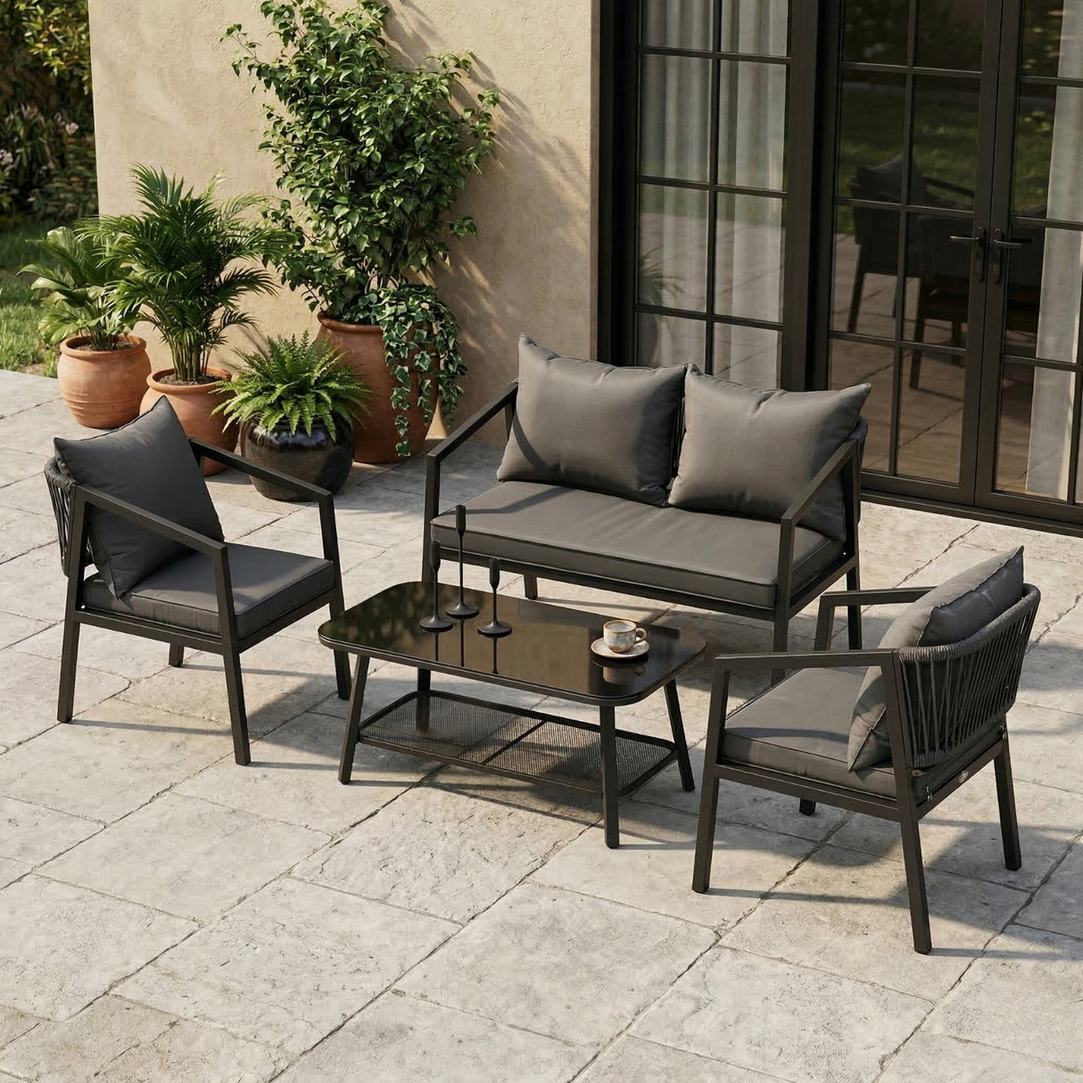 4-Piece Outdoor Rope Sofa Set With Glass Top Table