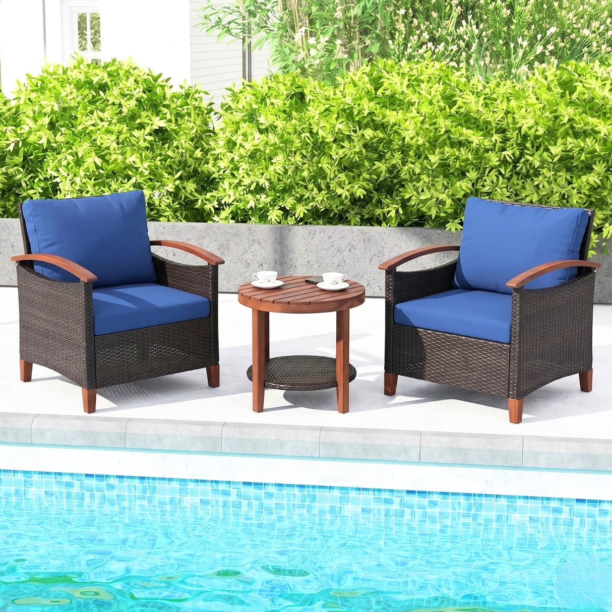 3-Piece Outdoor Wicker Patio Conversation Set (Dark Brown & Blue)