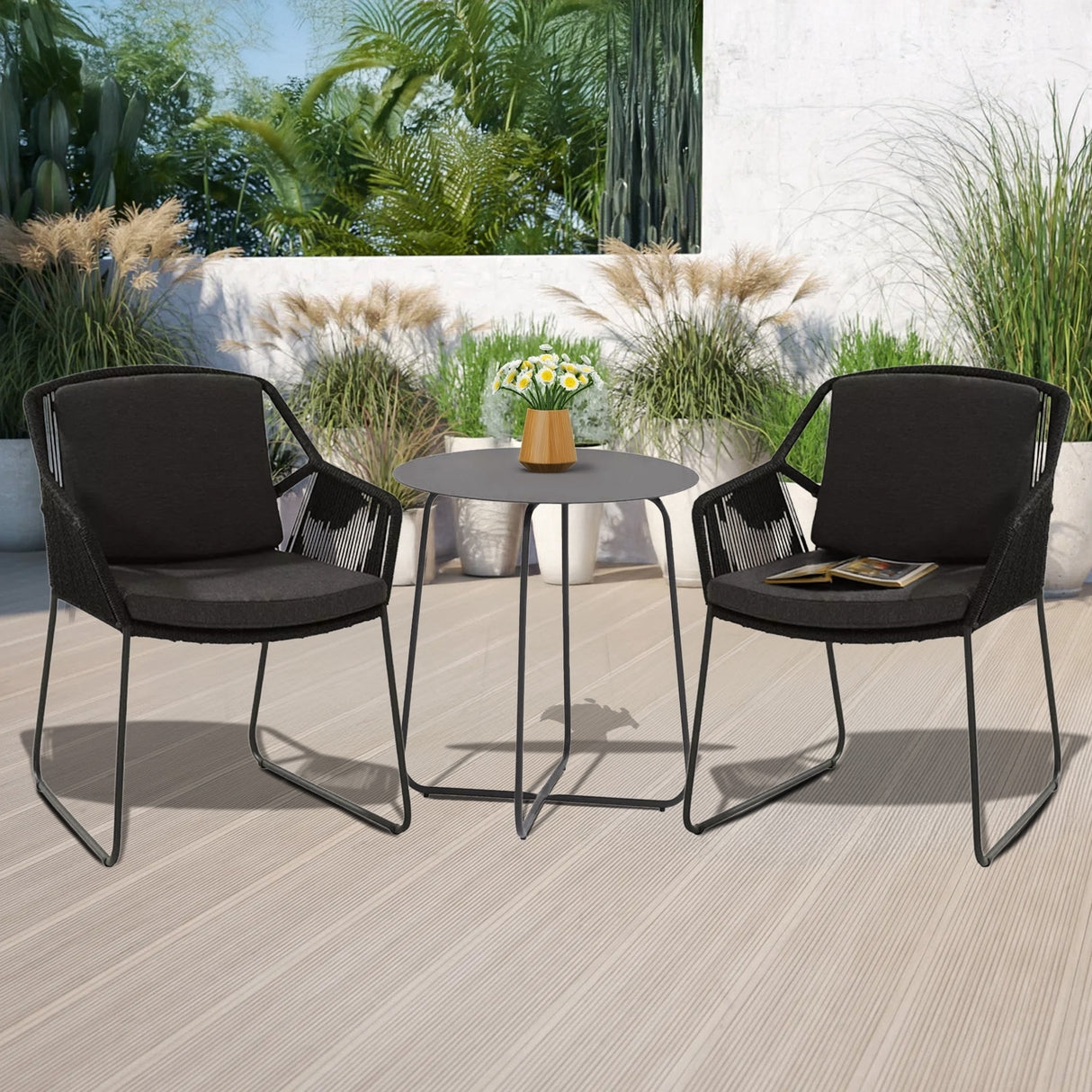 3 Piece Garden Outdoor Black Rope Patio Set