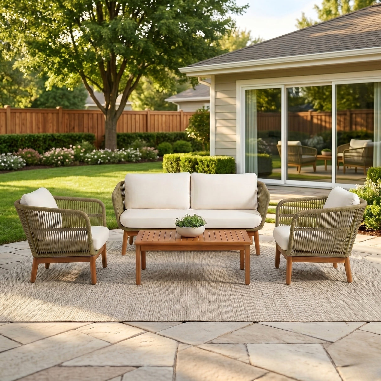 Outdoor Rope 4-Piece Patio Sofa Set with Wooden Legs & Coffee Table