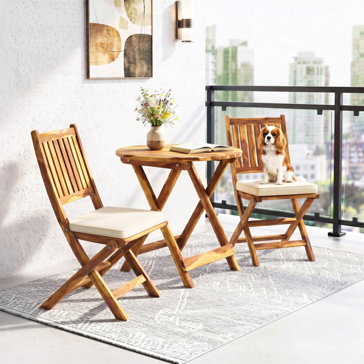 Acacia Wood Foldable Outdoor Bistro Set – 2 Chairs & Round Table