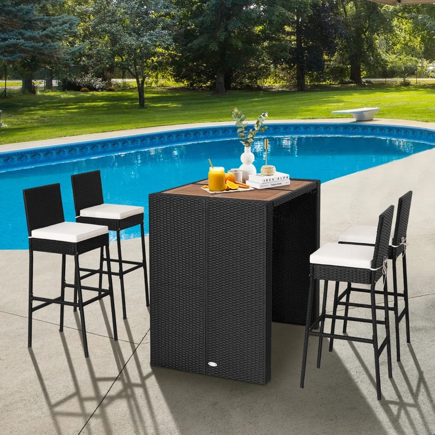 5-Piece Outdoor Rattan Wicker Bar Set with Wooden Top Table