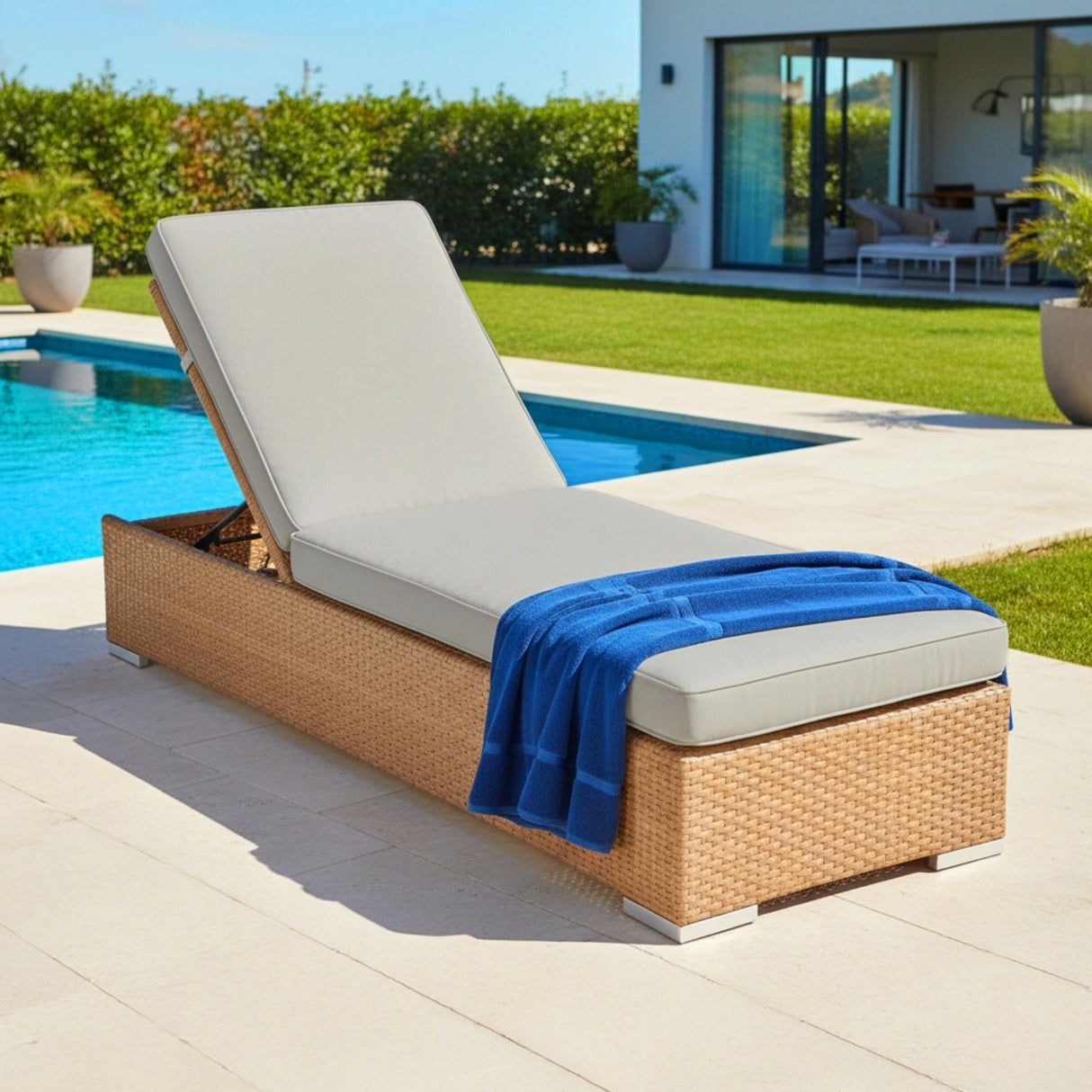 Outdoor All-Weather Rattan Wicker Lounger (Beige & Grey)
