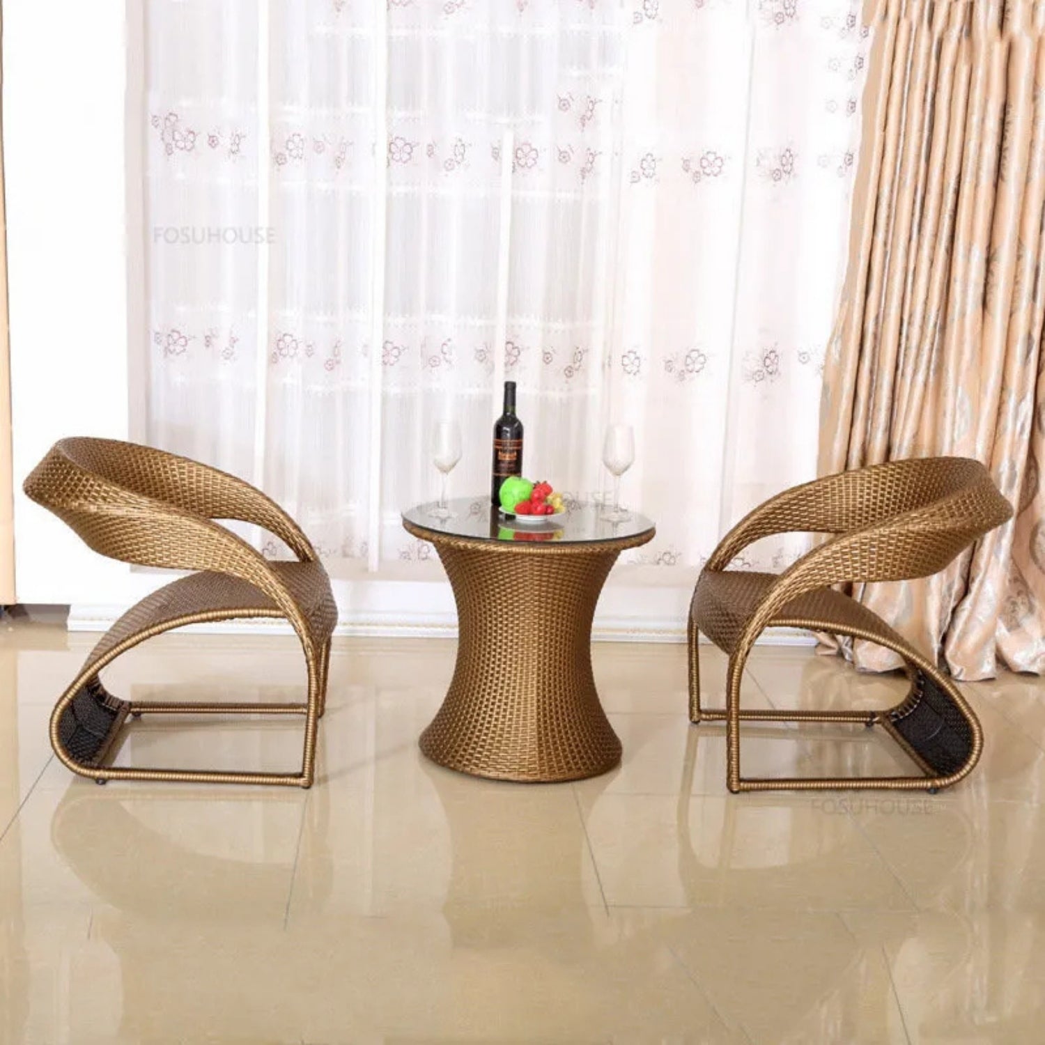 3-Piece Outdoor Rattan Wicker Patio Set (Golden)