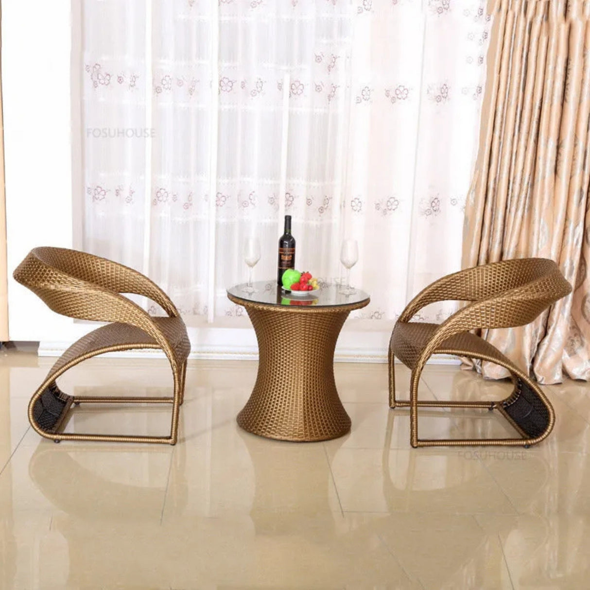 3-Piece Outdoor Rattan Wicker Patio Set (Golden)