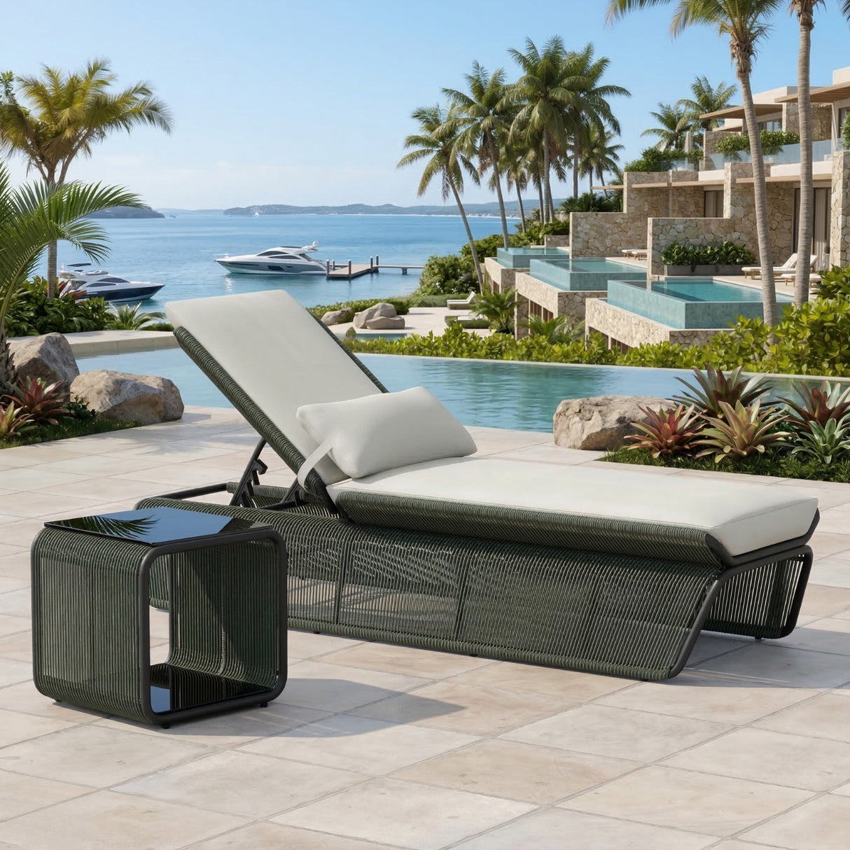 Outdoor Rope Lounge Chair With 2-Tier Table