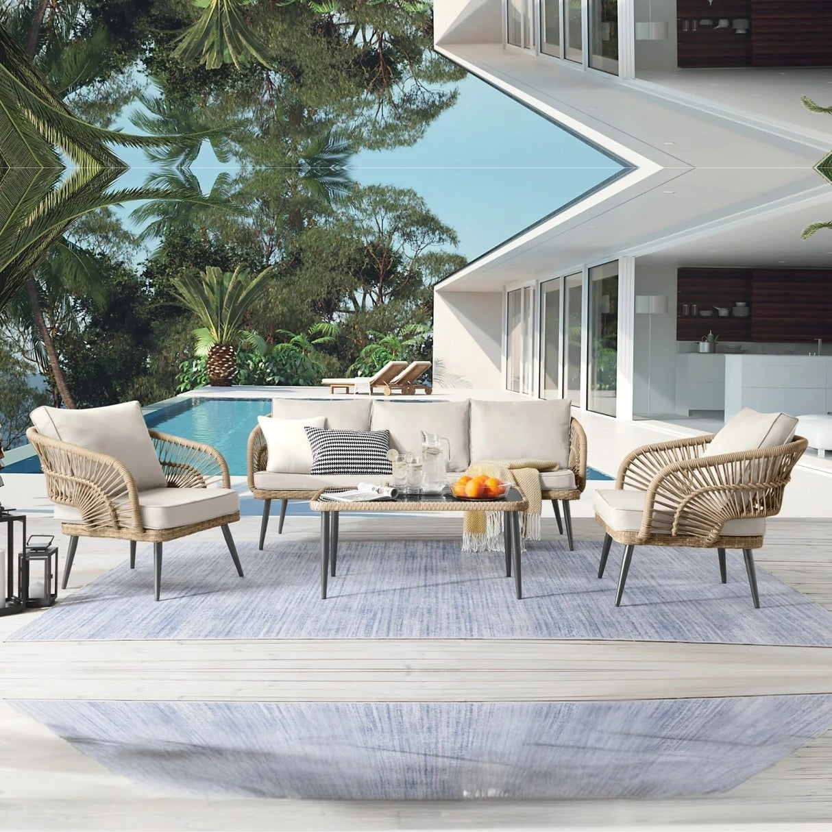 Outdoor Rope Conversation Patio Sofa Set (Beige/Cream)