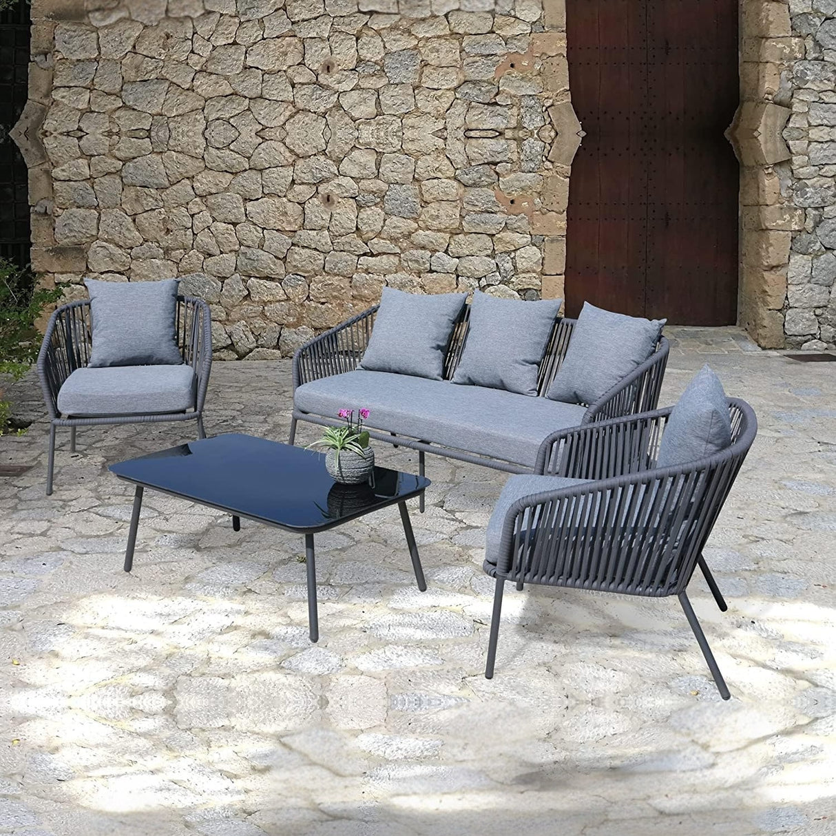 4-Piece Outdoor Rope Patio Sofa Set (Grey)