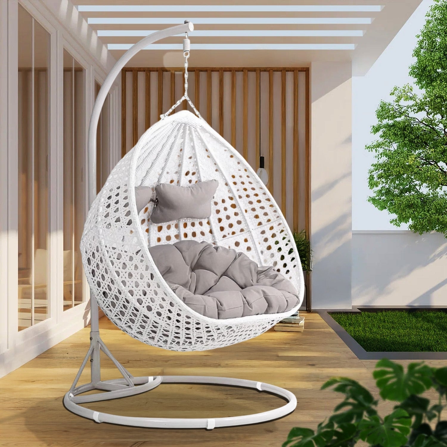 Double Seater Rattan & Wicker Swing (White & Grey)