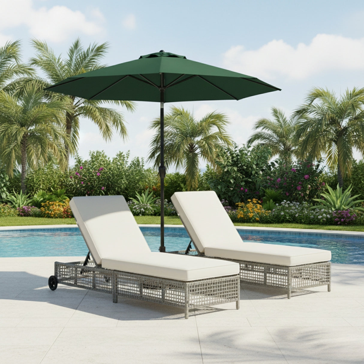 Outdoor Wicker Rattan Lounger Set of 2 with Patio Umbrella (Silver Grey & Off-White)