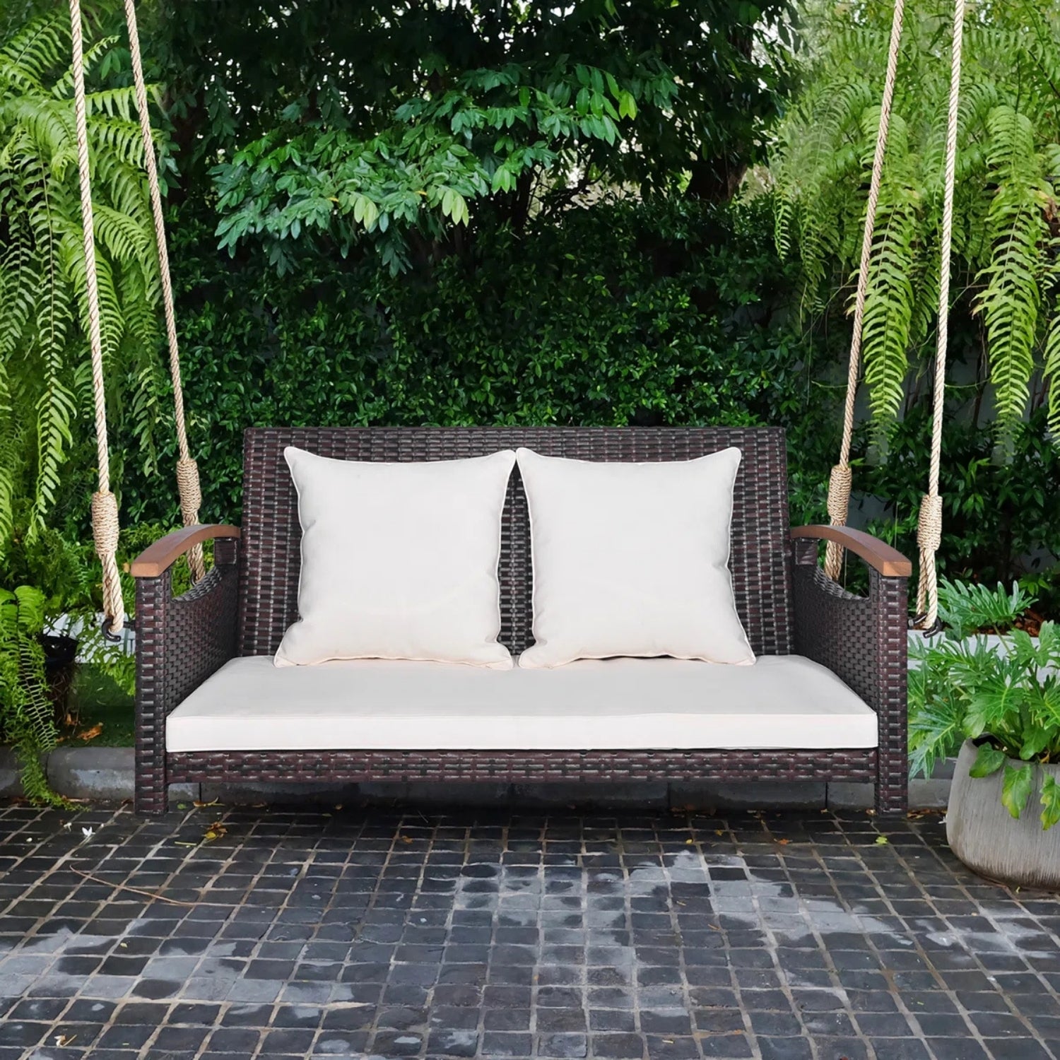 Outdoor Dark Brown Rattan Wicker Two Seater Sofa Swing