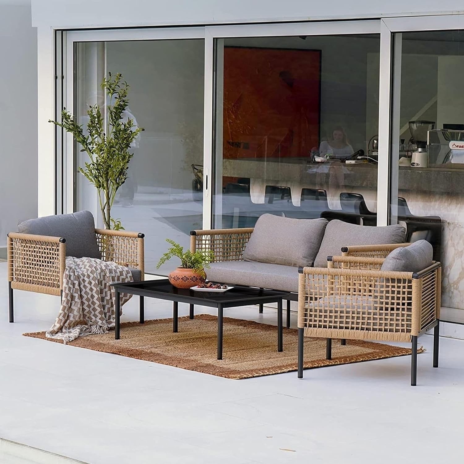 Outdoor Rope 4 Piece Sofa Set (Beige & Grey)