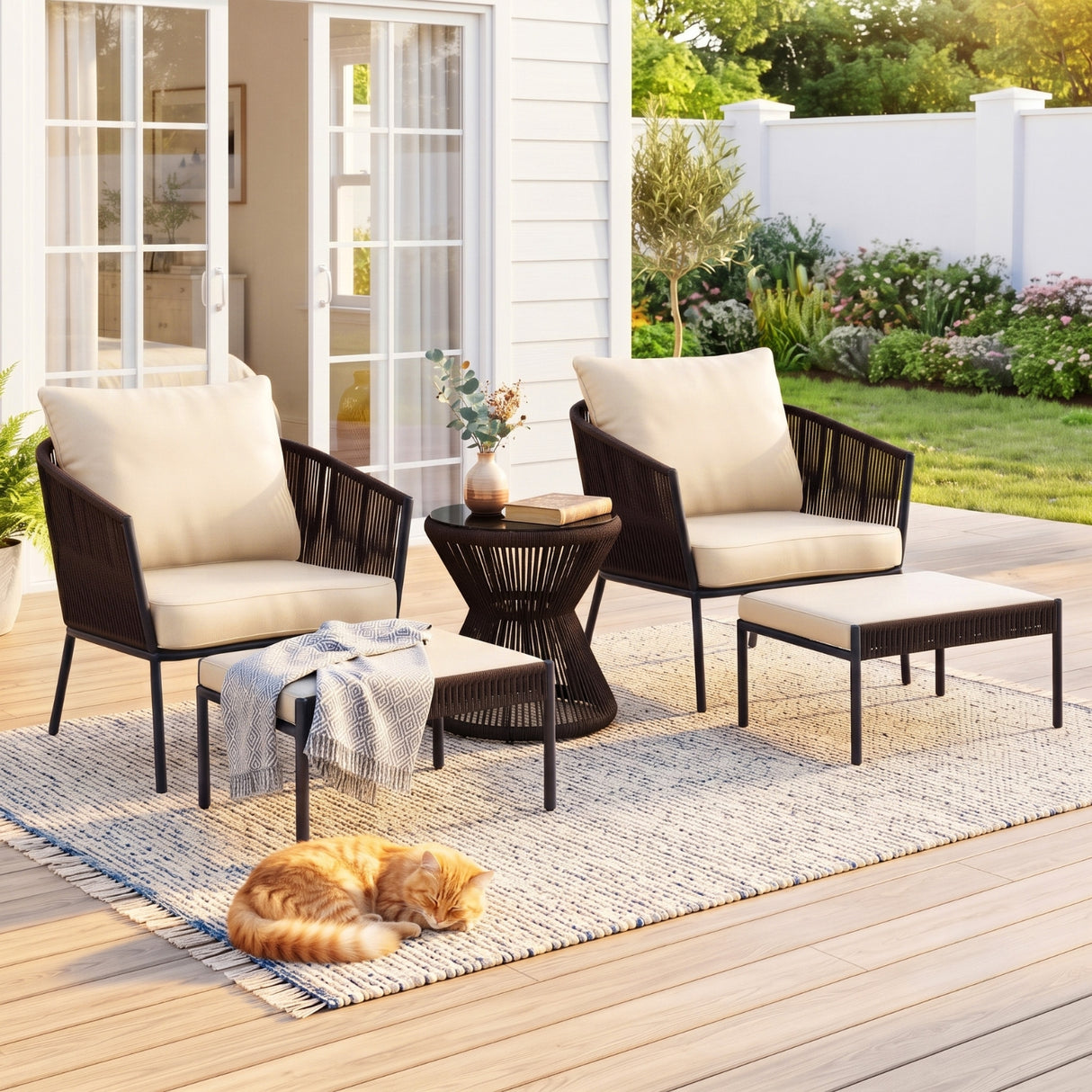 Outdoor 5 Piece Rope Patio Sofa Set (Brown & Cream)