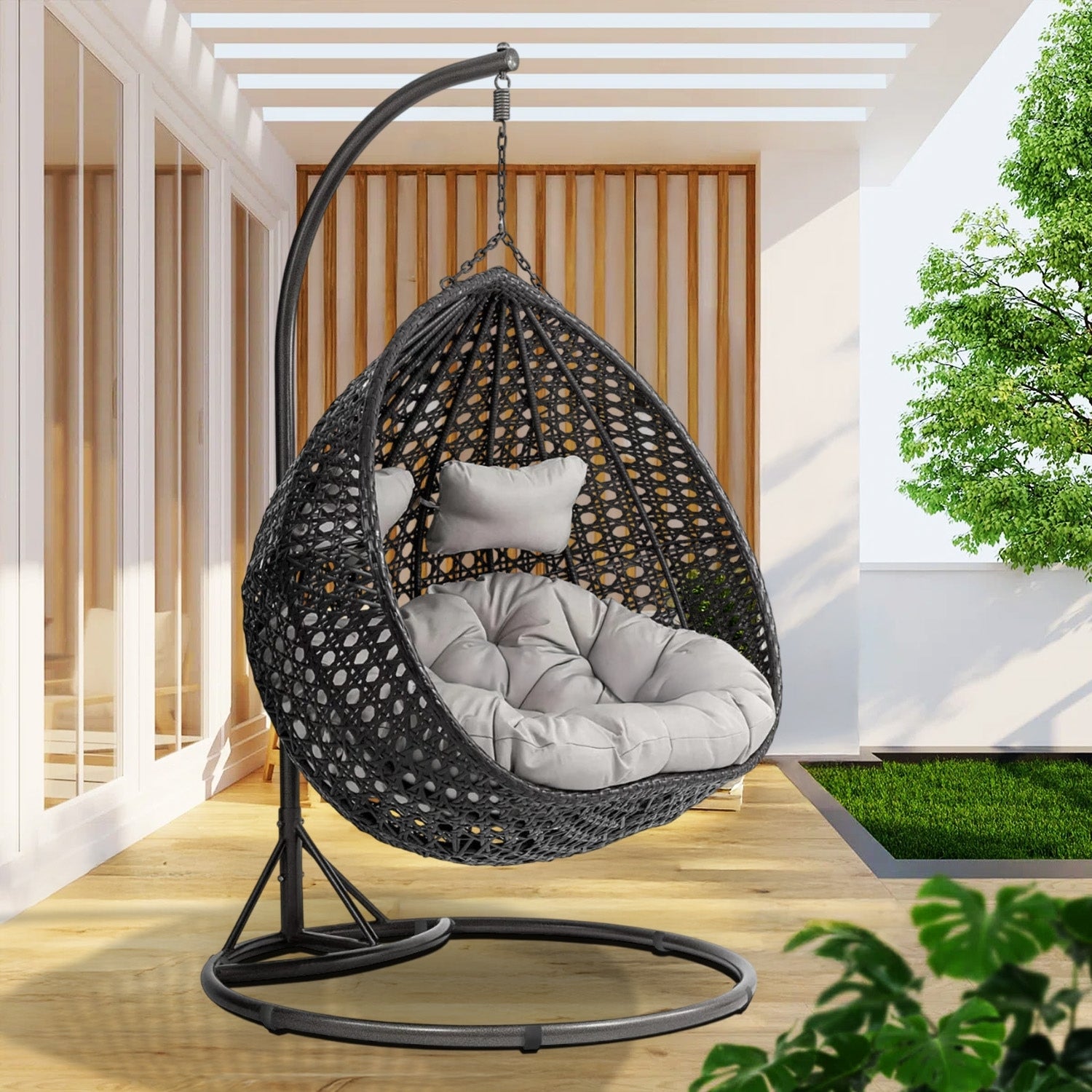 Double Seater Rattan & Wicker Swing (Black & Grey)