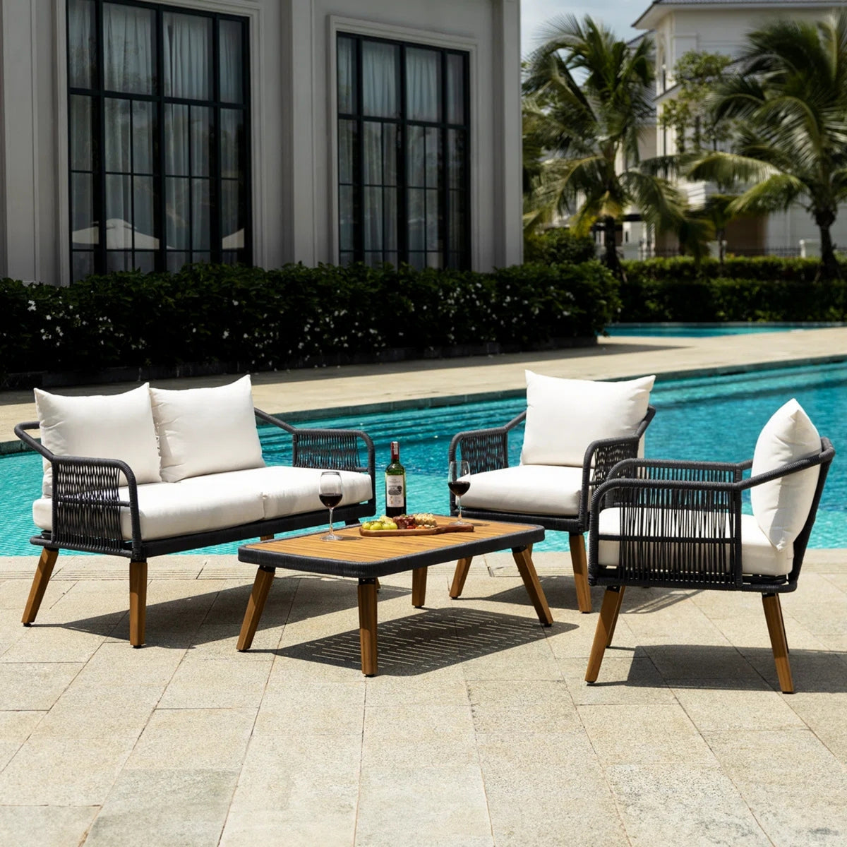 4-Piece Outdoor Rope Patio Furniture Set with Wood-Top Table
