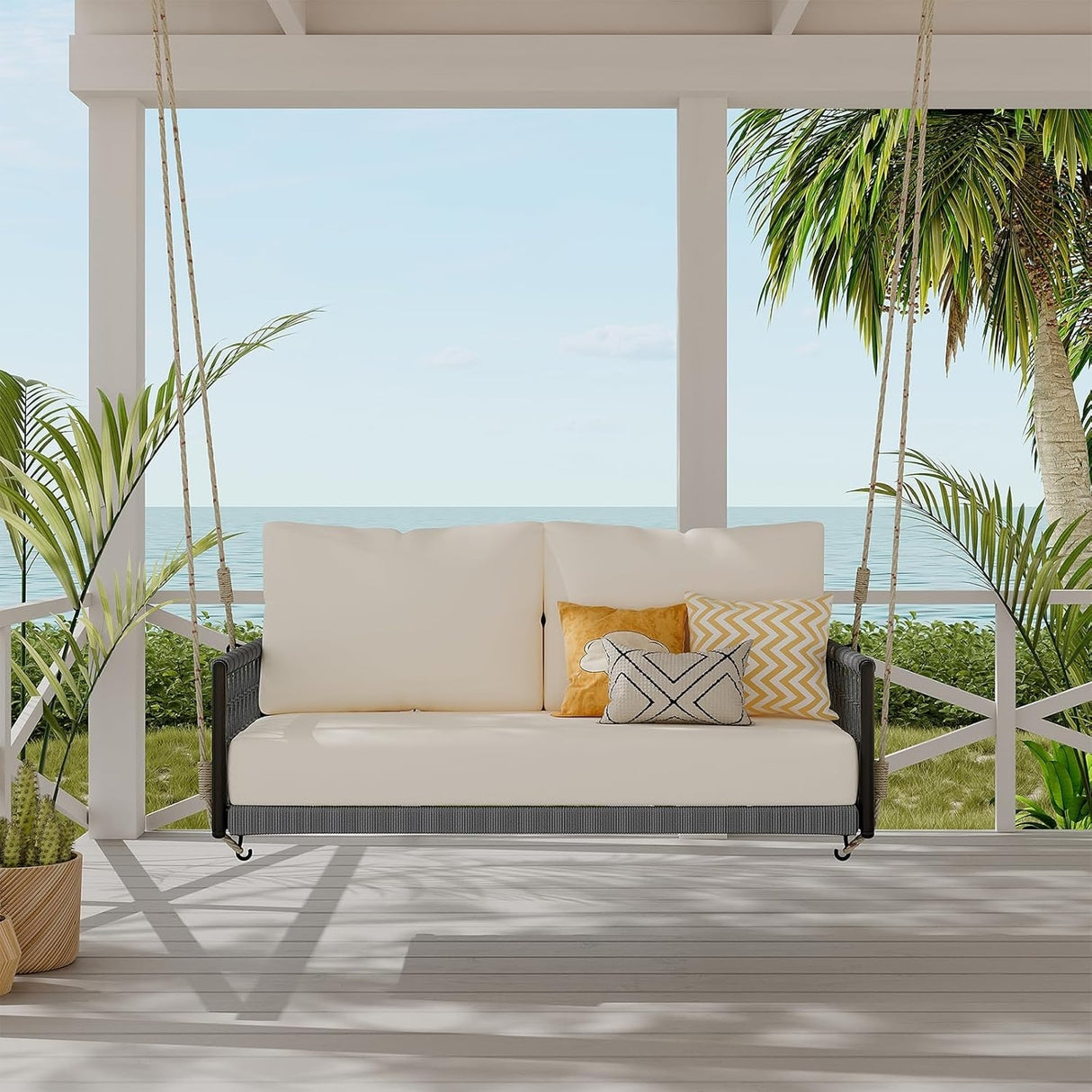 Outdoor Rope Swing 2-Person Hanging Chair, Weatherproof Porch Swing