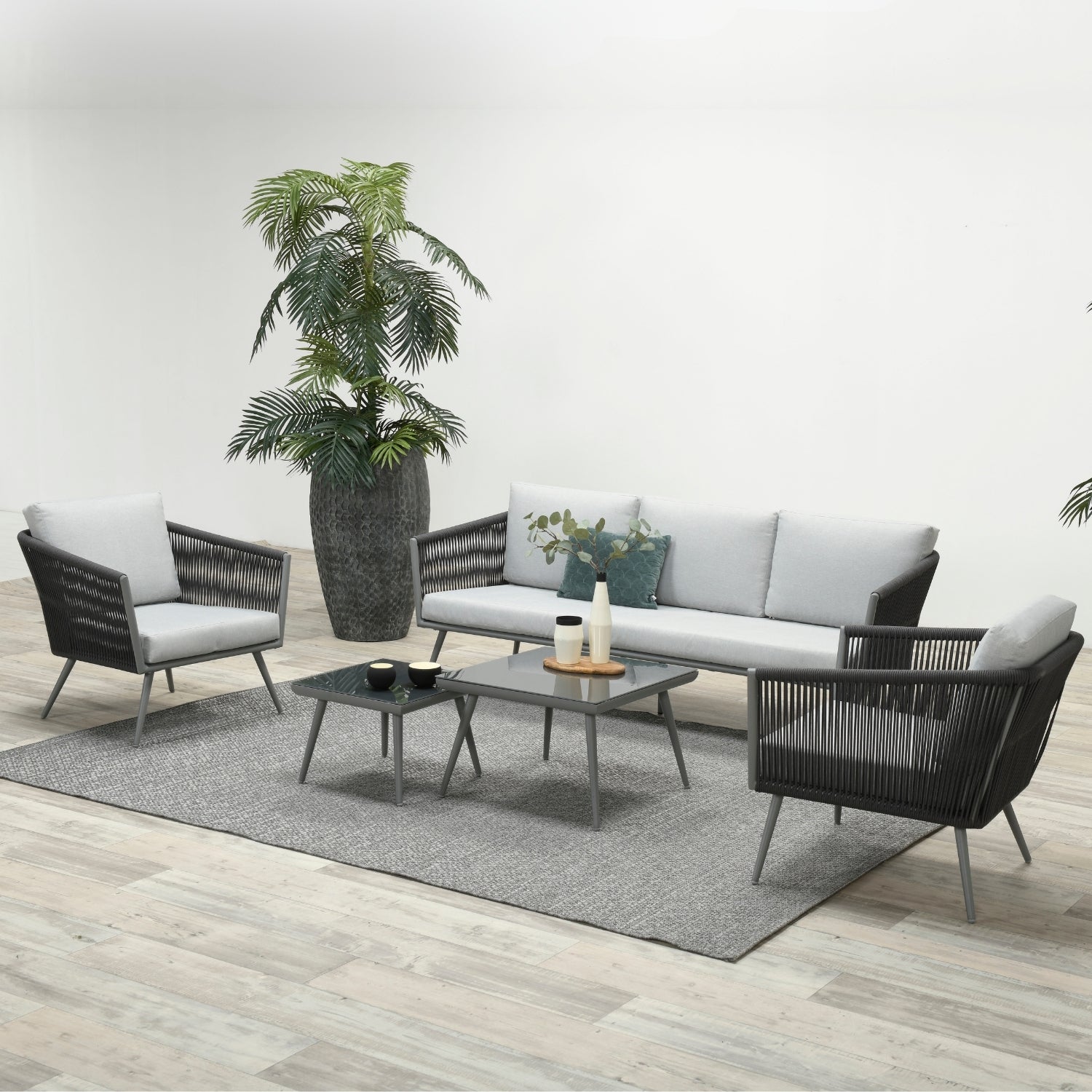 5-Seater Outdoor Rope Patio Sofa Set with Glass Top Tables (Black & Grey)