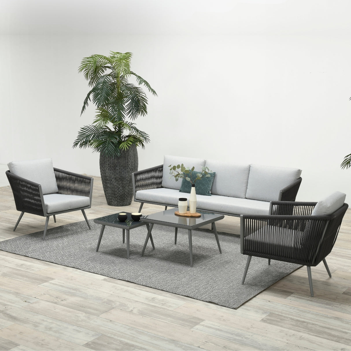 5-Seater Outdoor Rope Patio Sofa Set with Glass Top Tables (Black & Grey)