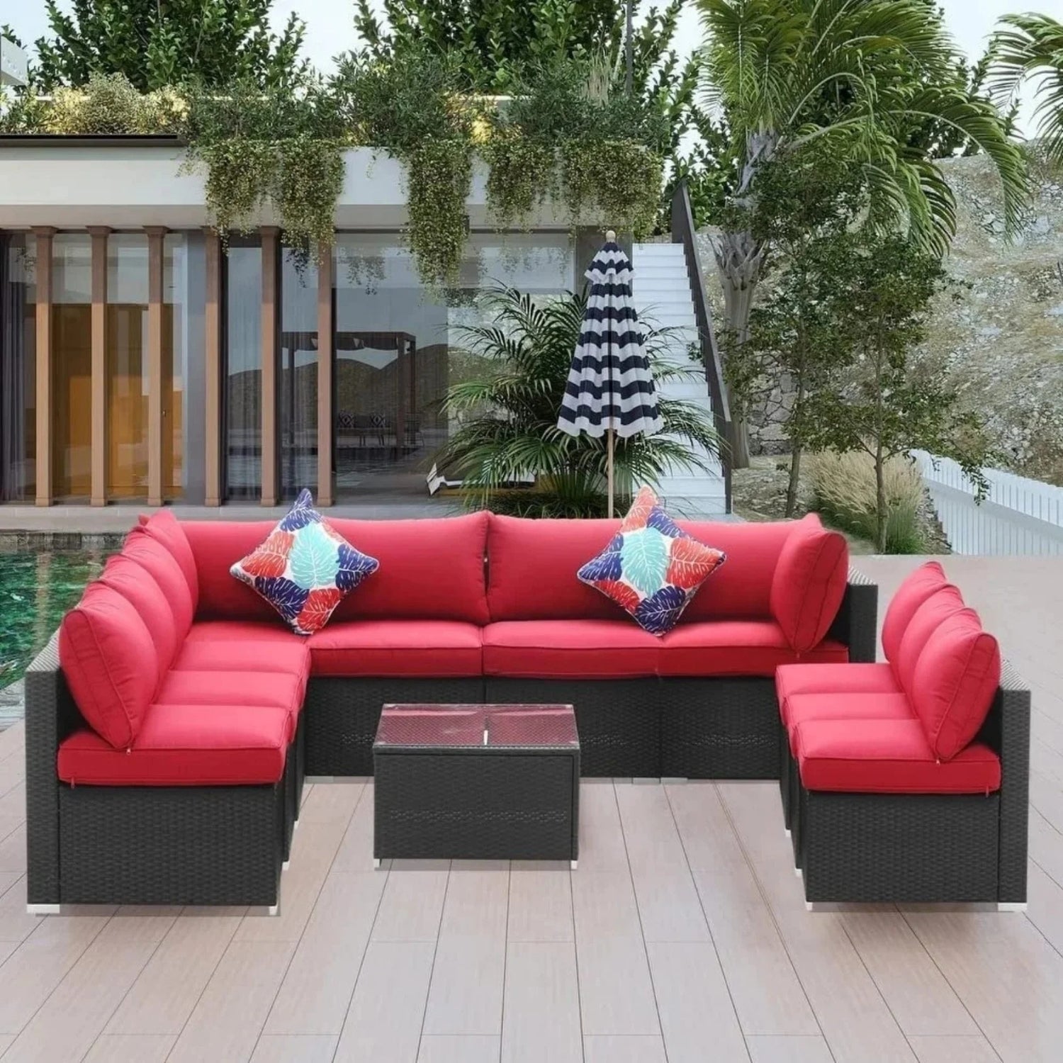 Outdoor Garden Conversation Sofa Set (Black/Red)