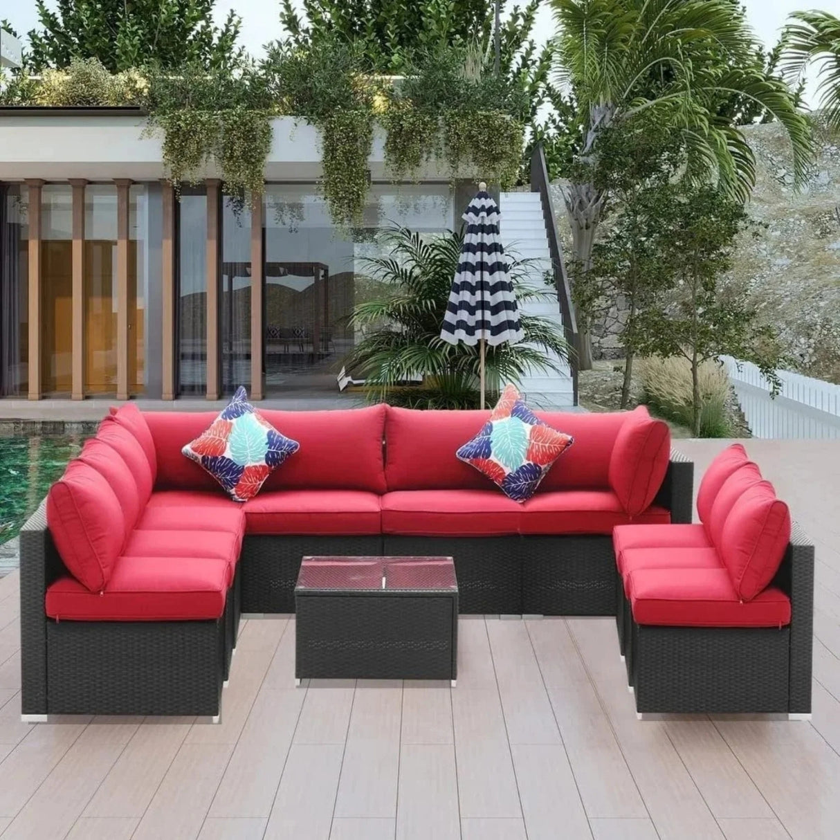 Outdoor Garden Conversation Sofa Set (Black/Red)