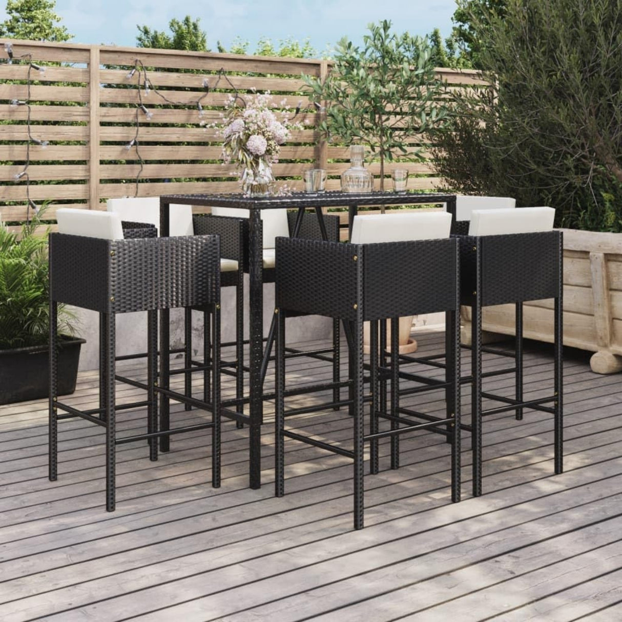 7-Piece Outdoor Rattan Wicker Bar Set with Glass Top Table