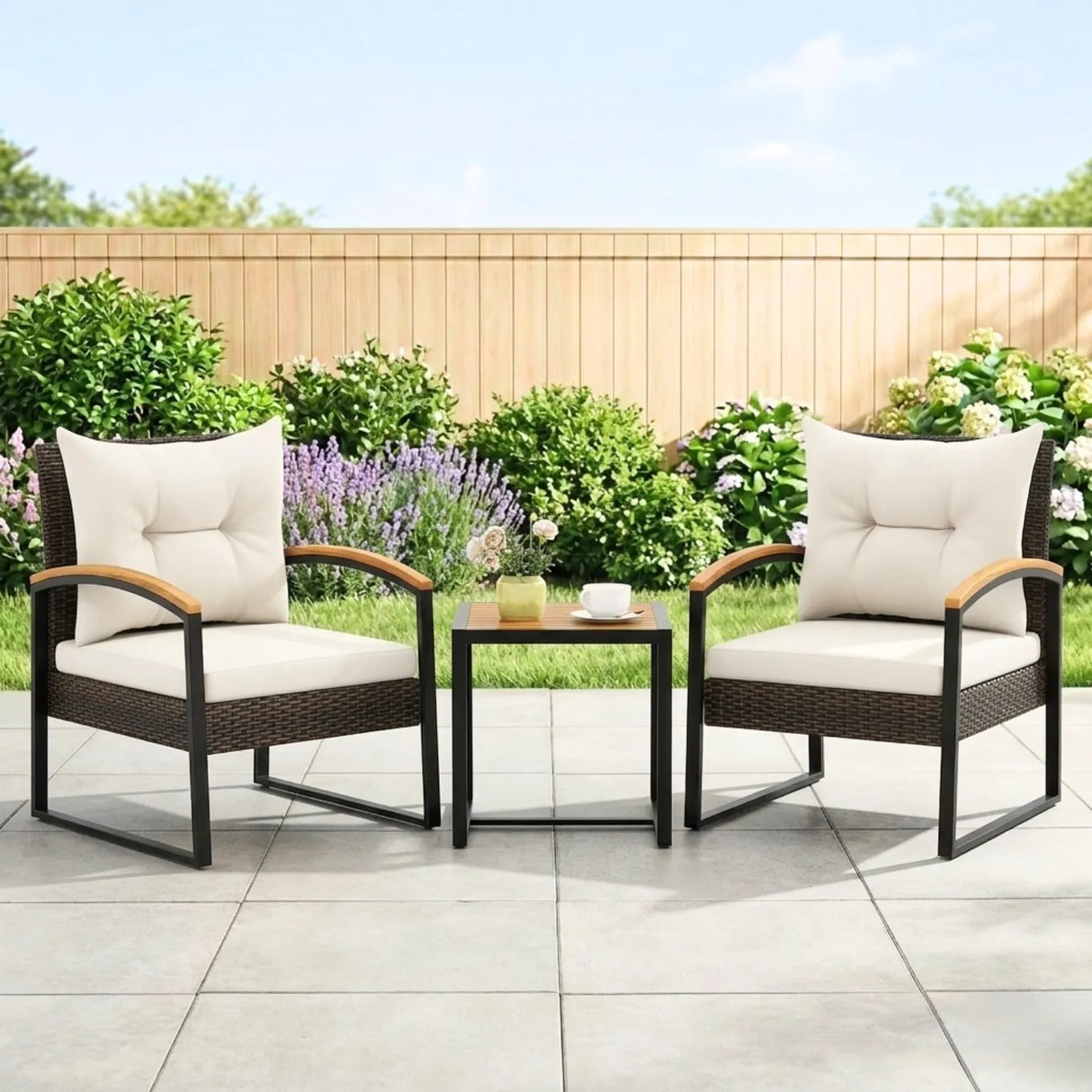 Outdoor Wicker Patio Chair Set with Wooden Armrests & Table