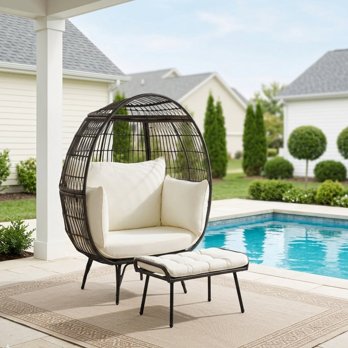Outdoor Wicker Egg Chair with Ottoman (Black & Off-White)