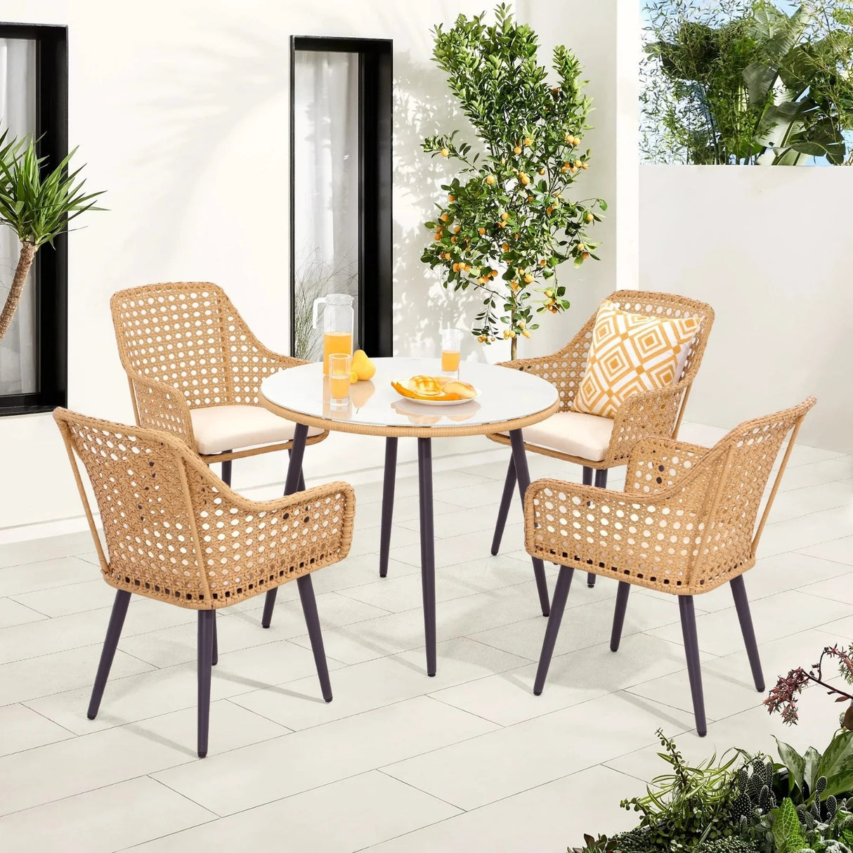 5-Piece Outdoor Patio Dining Set with Rattan Chairs