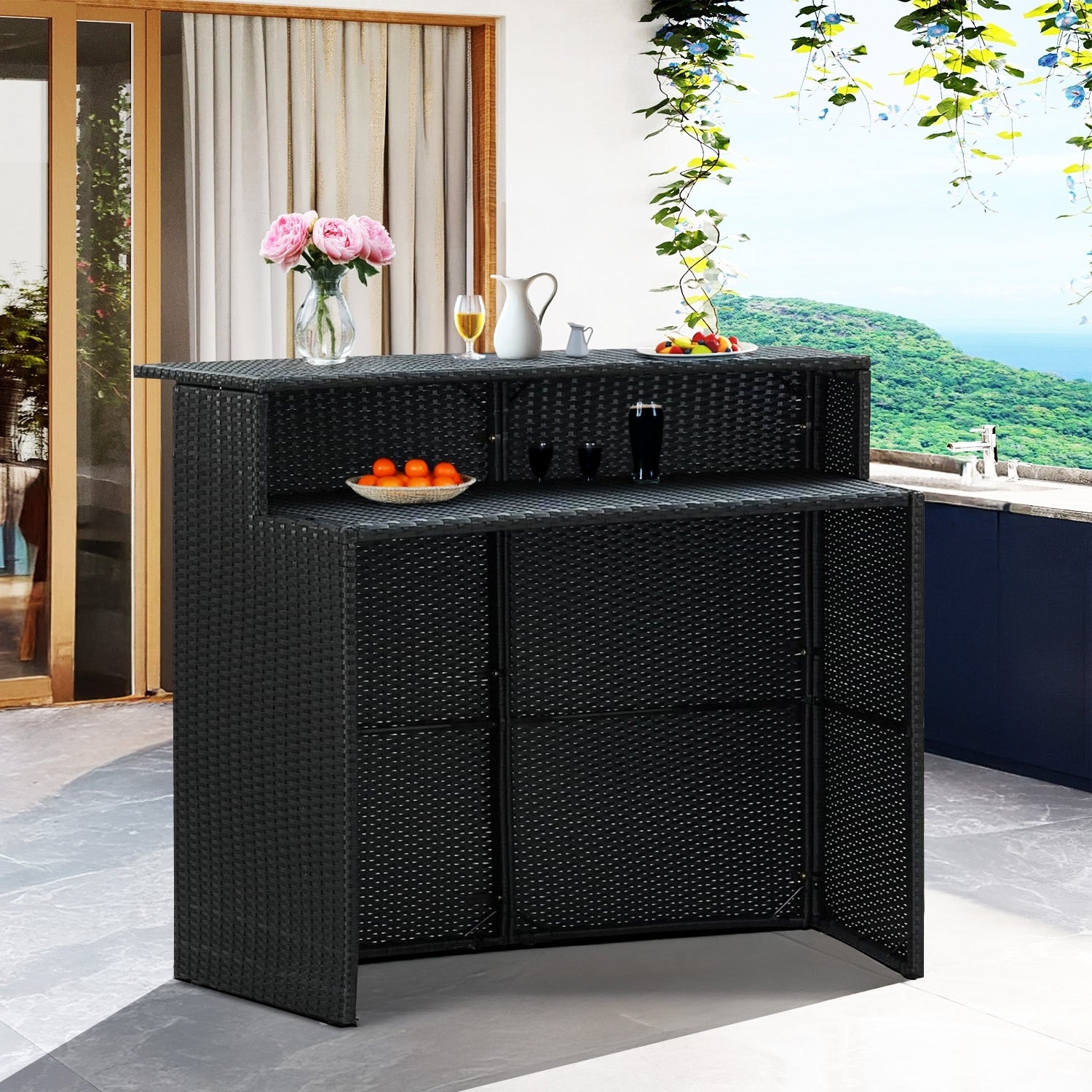 Outdoor Rattan Wicker Bar Table With a High-Top Design & Integrated Storage Shelf