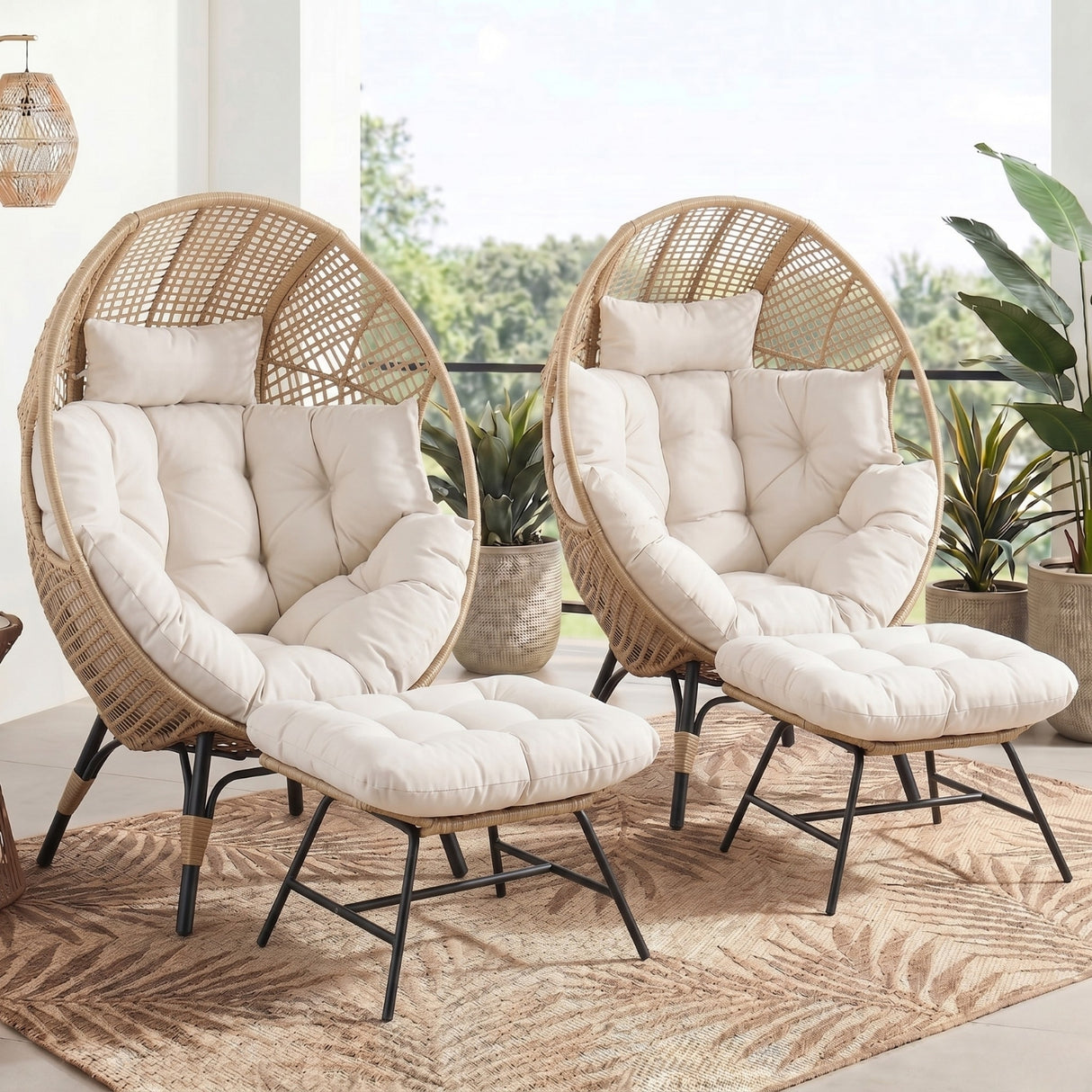 4-Piece Outdoor Wicker Egg Chair Set with Ottomans (Beige & Off-White)