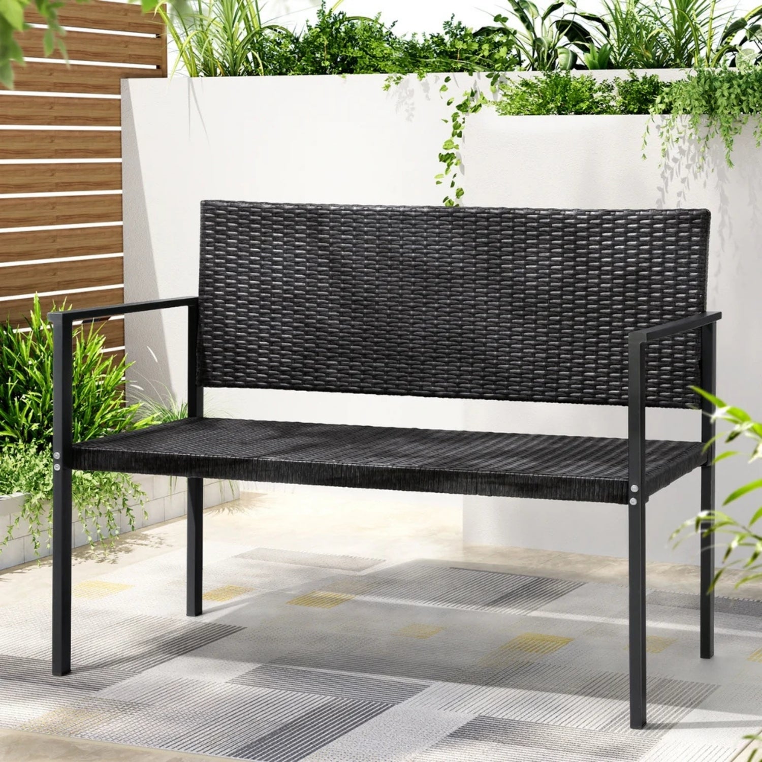 2-Seater Outdoor Garden Rattan Bench With Metal Frames