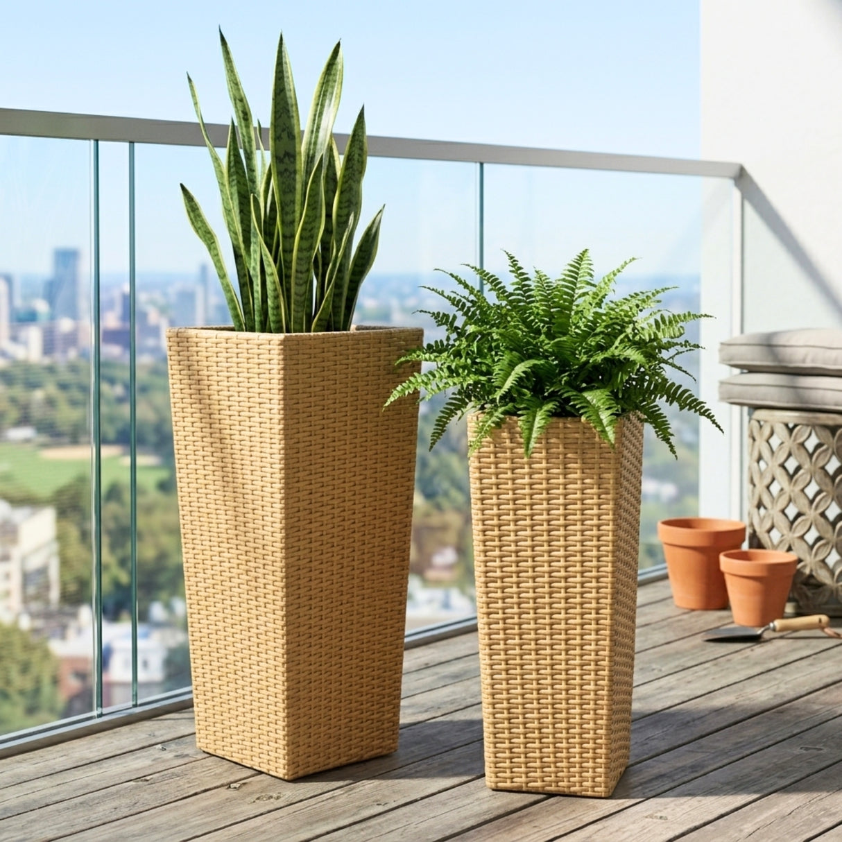 2-Piece Outdoor Rattan Wicker Tall Square Planters (Beige)