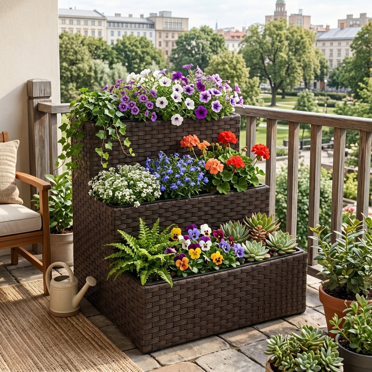Outdoor 3-Tier Wicker Raised Planter Stand (Dark Brown)