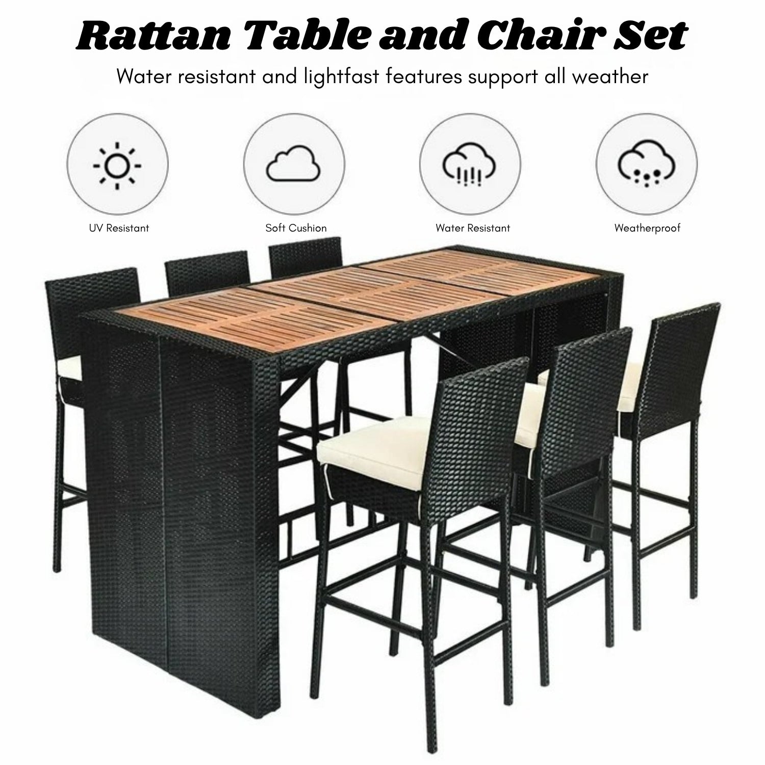 7-Piece Outdoor Rattan Wicker Bar Set with Wooden Top Table