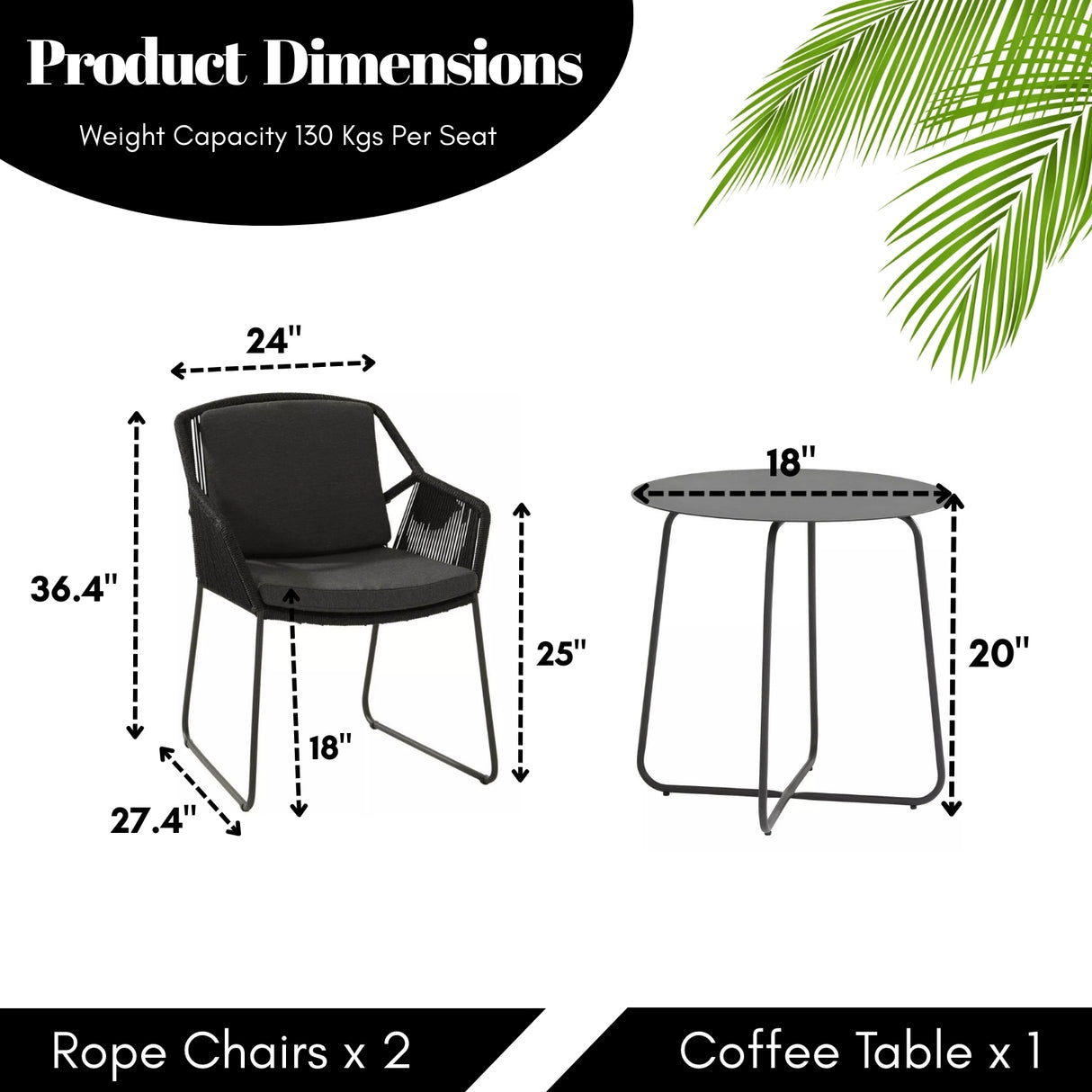 3 Piece Garden Outdoor Black Rope Patio Set
